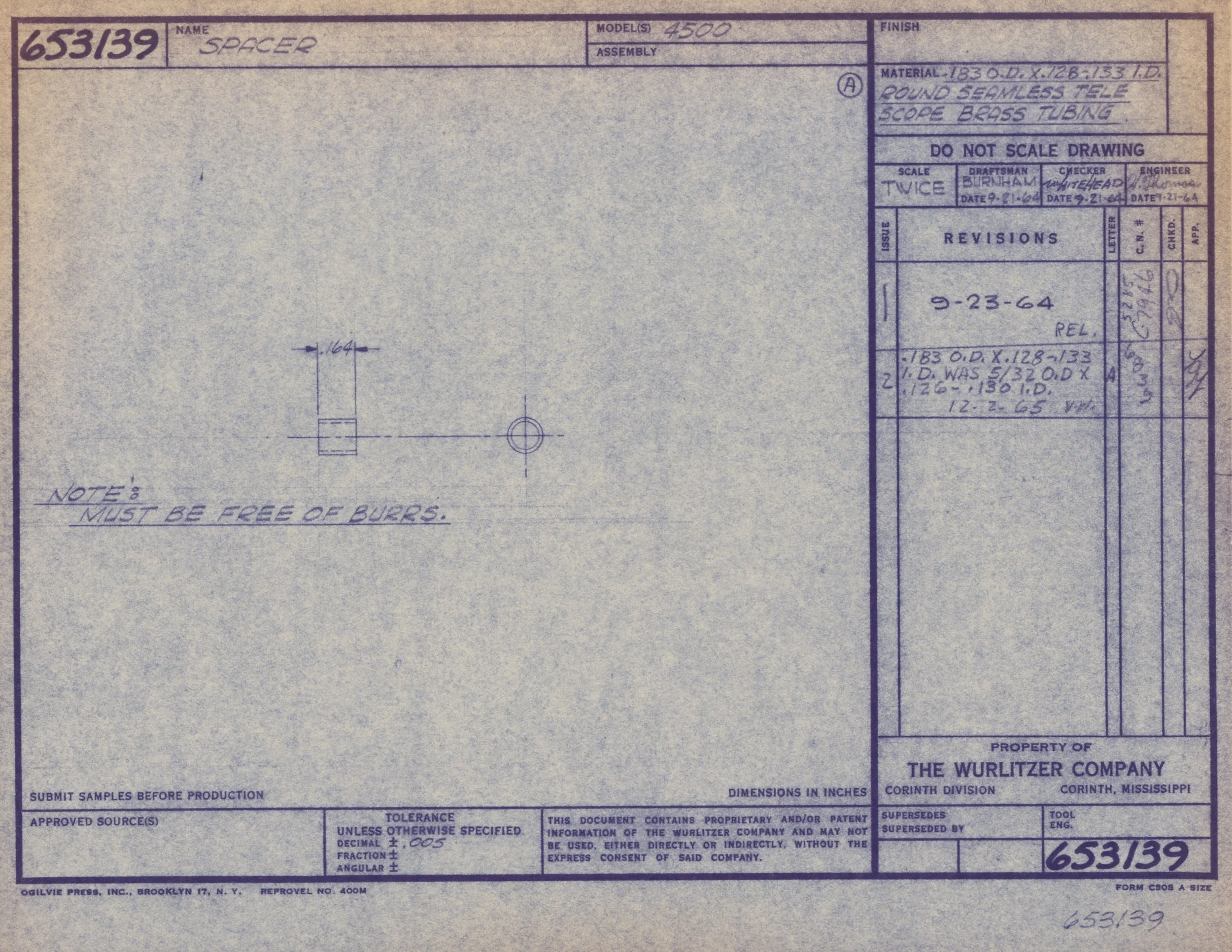 Blueprint drawing of a spacer with detailed dimensions and notes for manufacturing, including specifications and approval signatures.