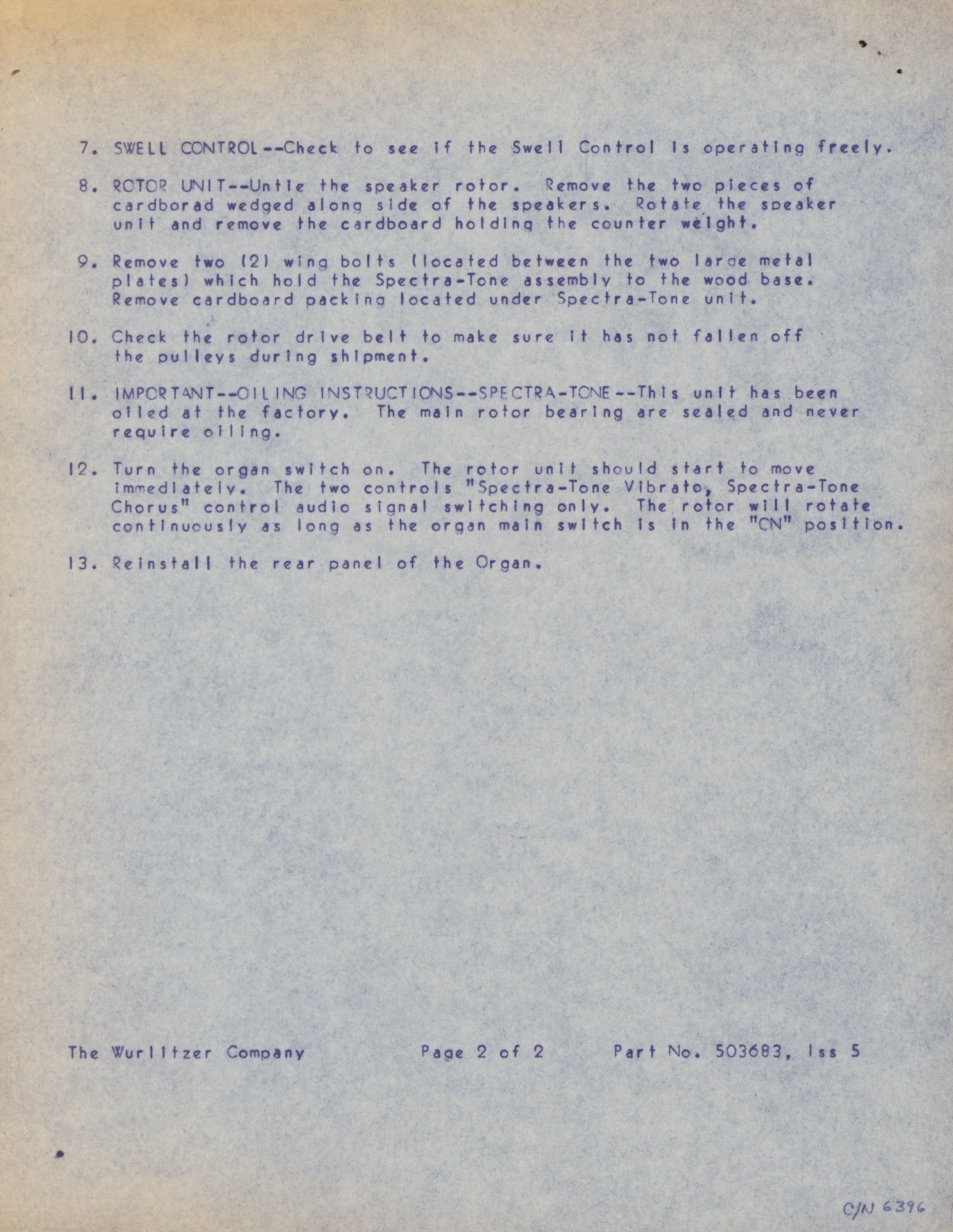 Page from a technical manual with instructions for repairing a speaker, including steps for checking swell control, removing the speaker rotor, removing wing bolts, checking the rotor drive belt, and re-installing the rear panel of the organ.