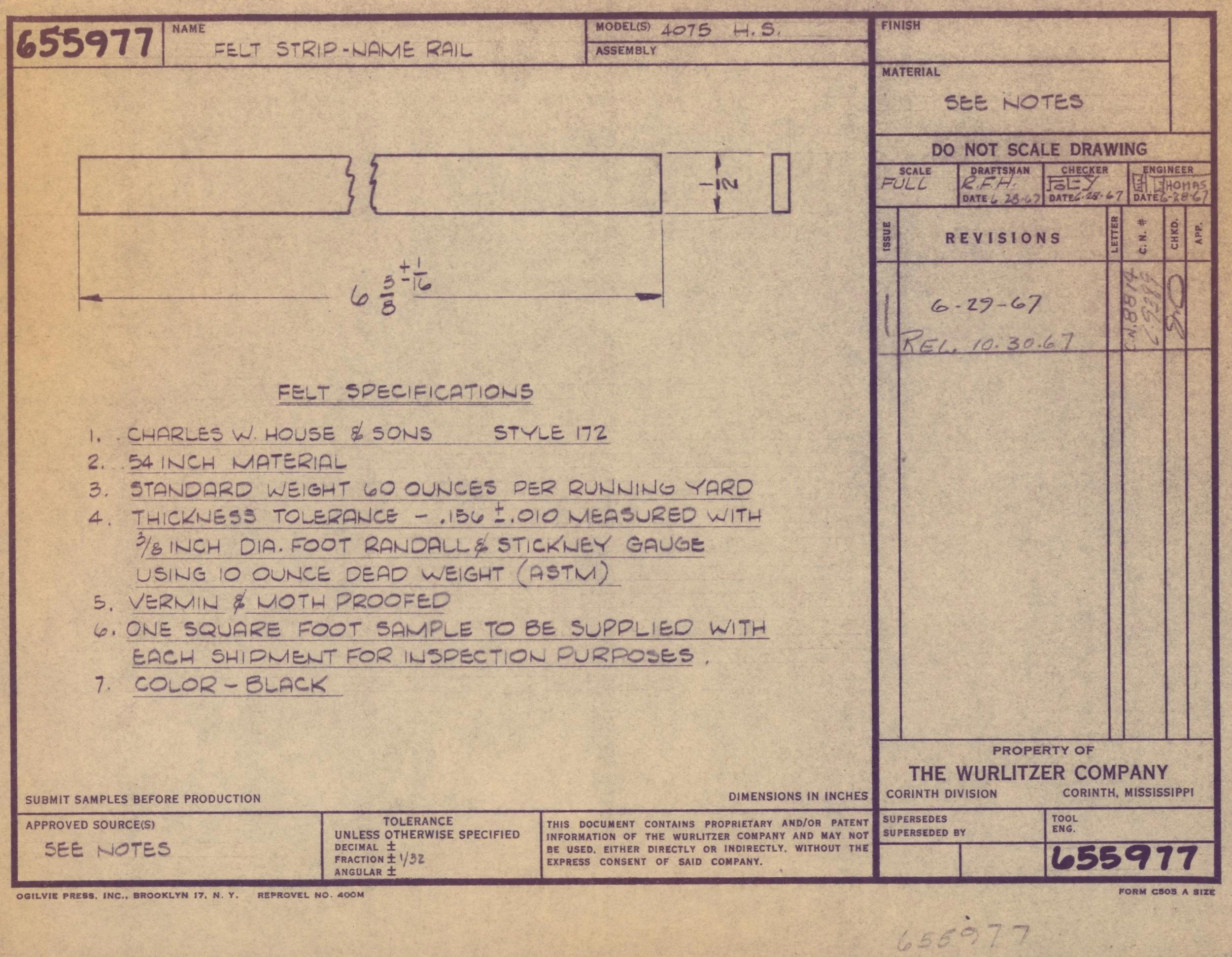 A technical engineering blueprint detailing the specifications and design for a felt strip with a name rail. It includes dimensions, construction notes, and approval signatures.