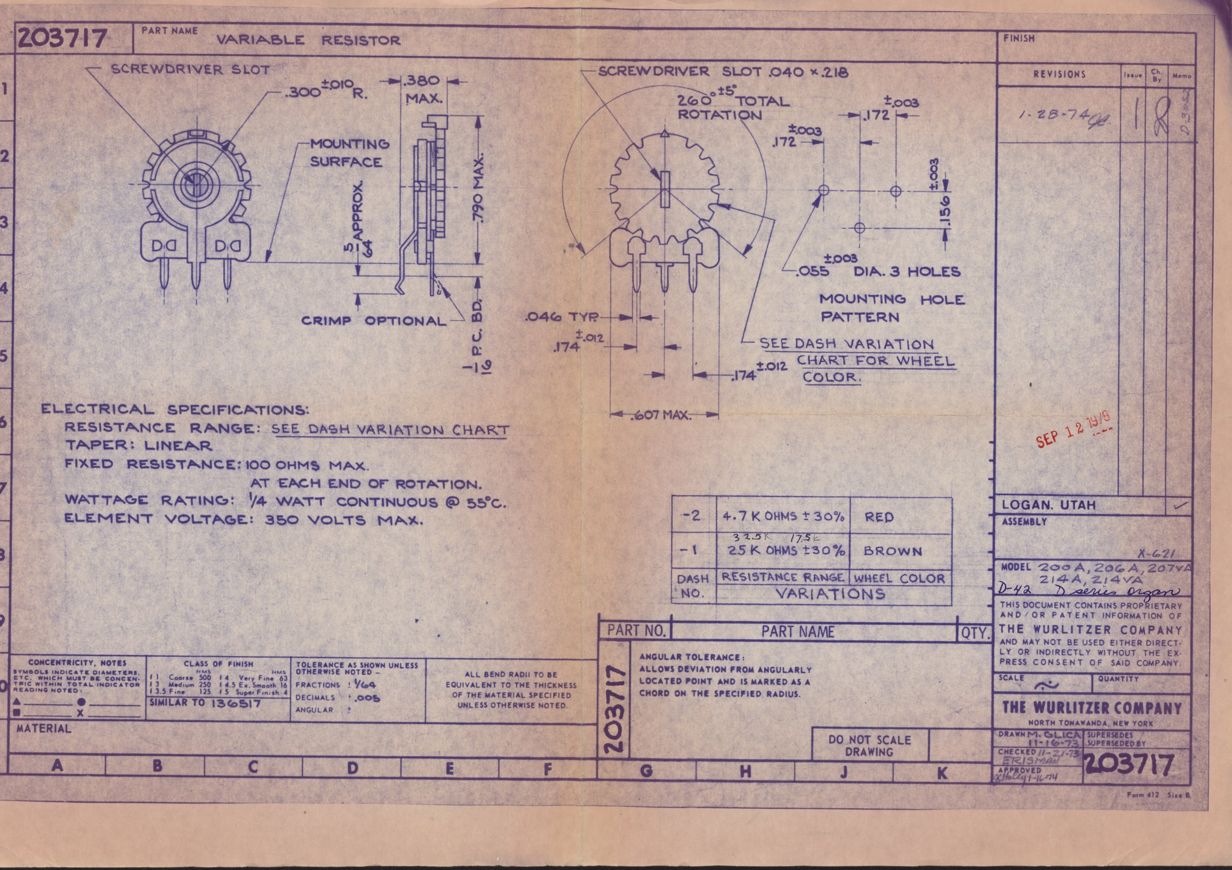Blueprint for a variable resistor part with detailed dimensions and specifications, including views, mounting surface, and electrical resistances. It includes handwritten notes with revision dates and manufacturing details.
