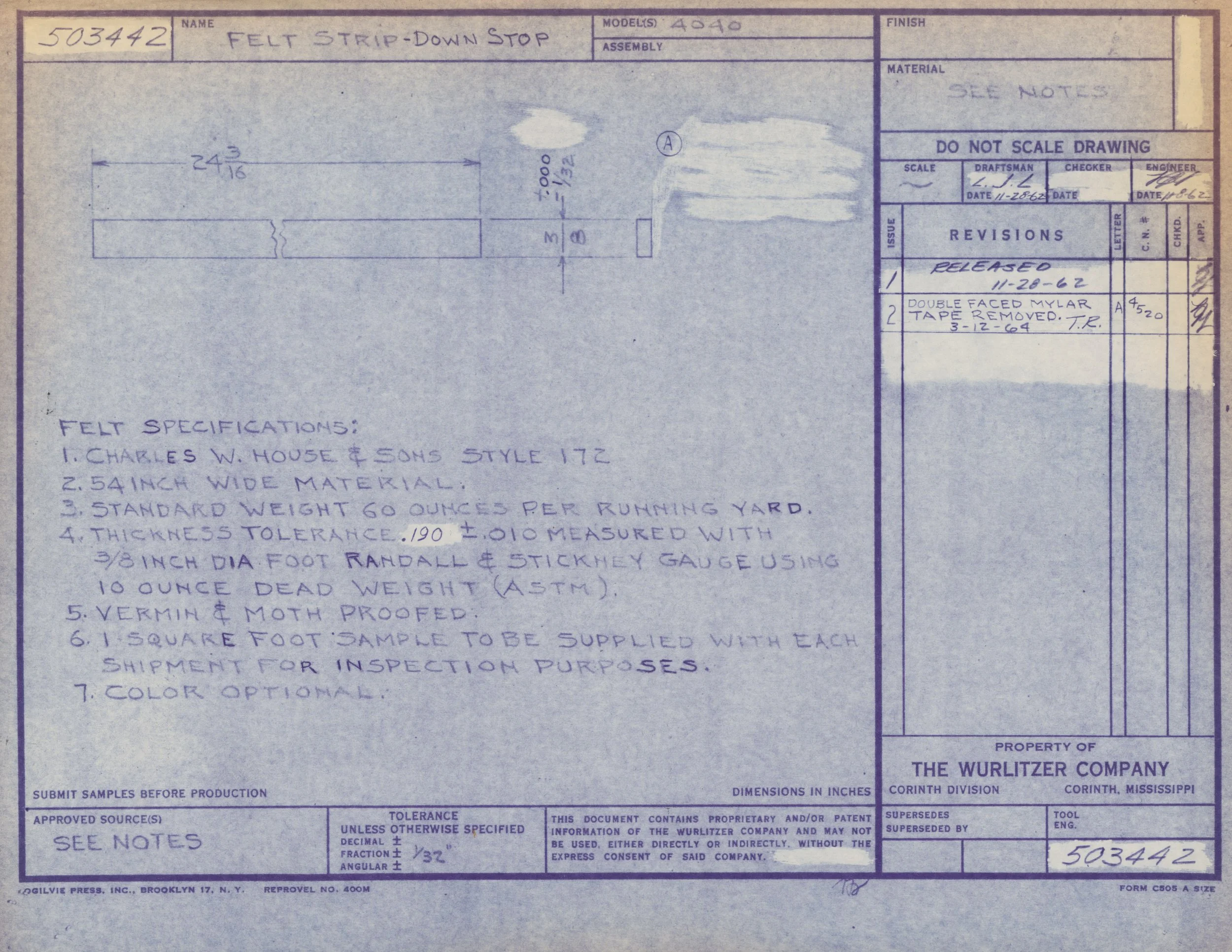 Blueprint drawing of a felt strip-down stop, including specifications, revisions, and signatures, with handwritten notes and measurements.
