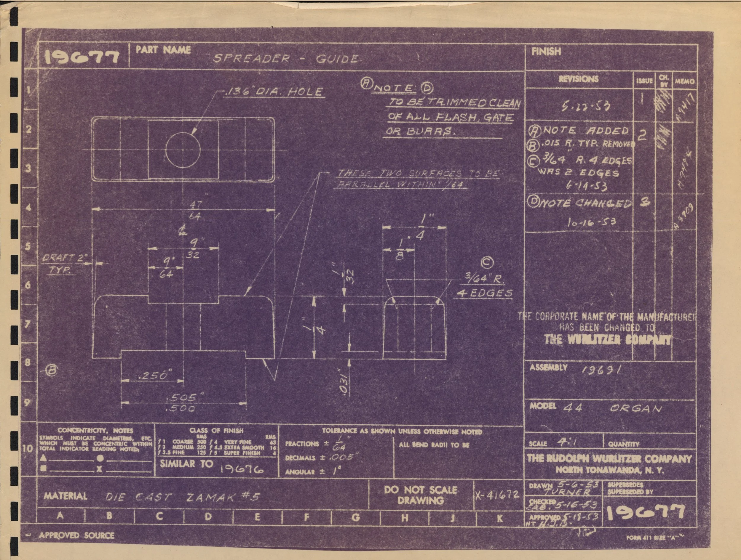 Blueprint drawing for a spreader guide with dimensions, notes, revision history, and material specifications. The drawing includes details about a 136' diameter hole, edge measurements, and technical notes from Rudolph Wurtizer Company, 1967.
