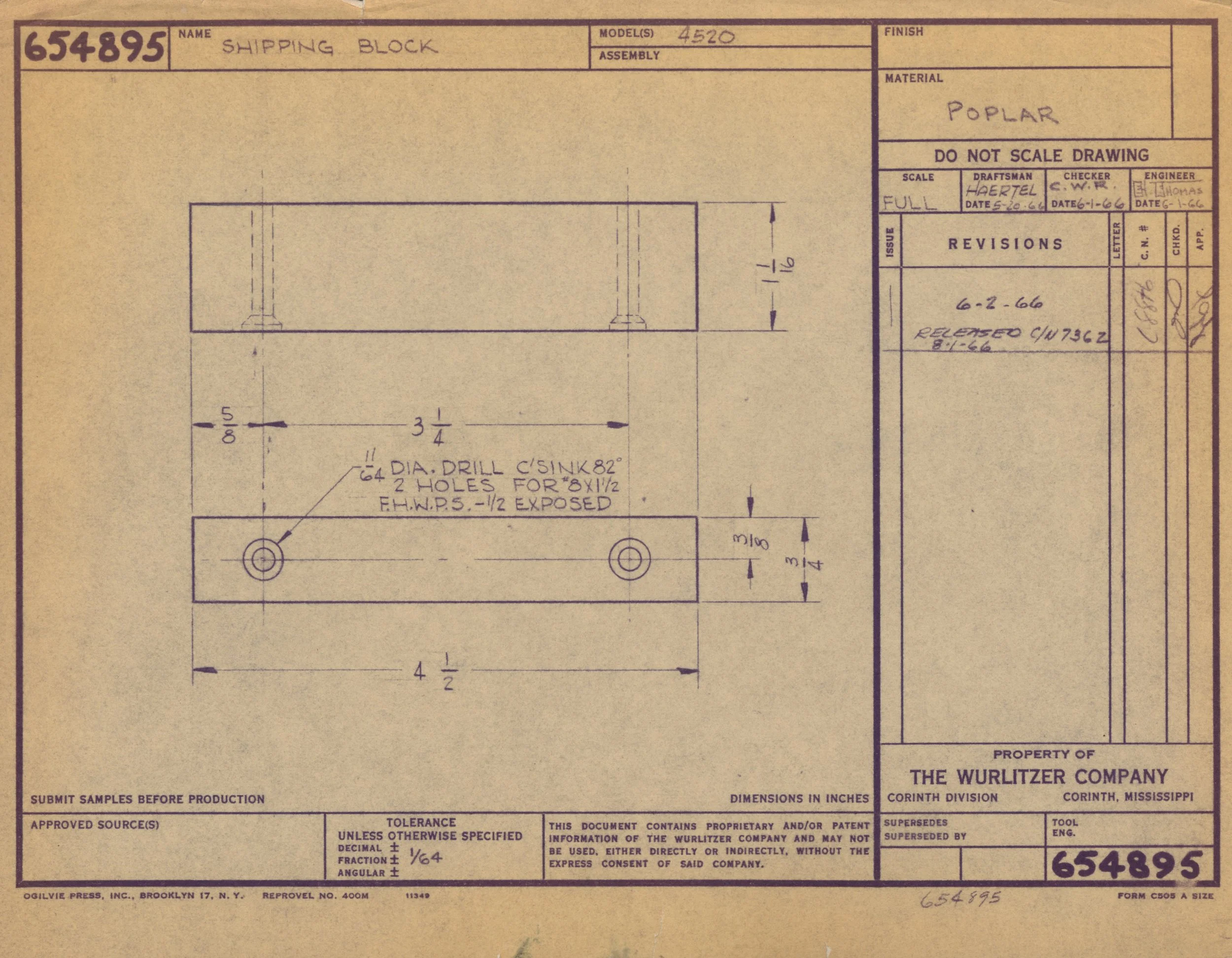 Blueprint drawing for a shipping block made of poplar wood, showing dimensions and technical details, created by The Wurlitzer Company in Corinth, Mississippi.