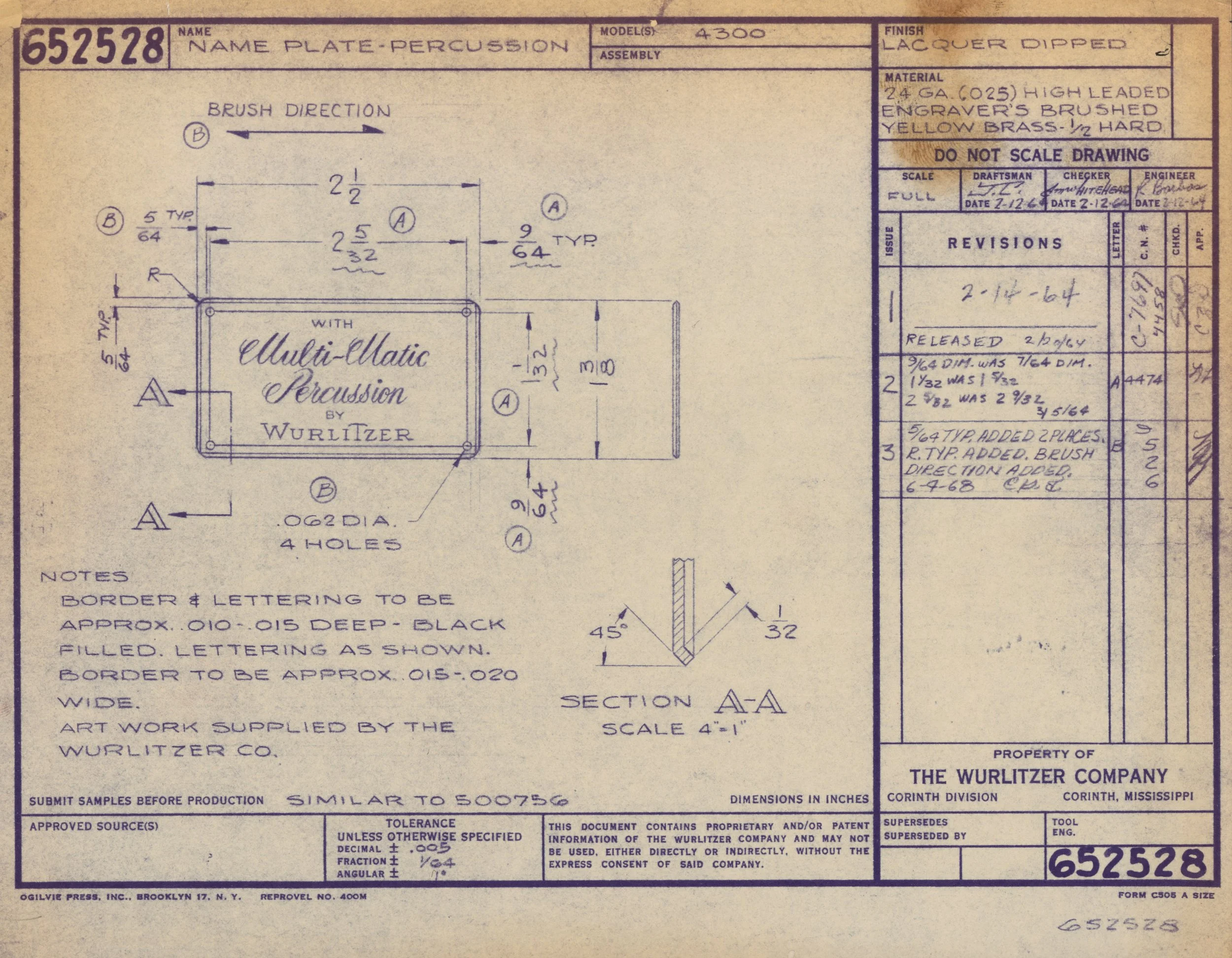Technical drawing of a percussion instrument nameplate with measurements, specifications, and instructions for manufacturing, attributed to Wurlitzer Company in Corinth, Mississippi.