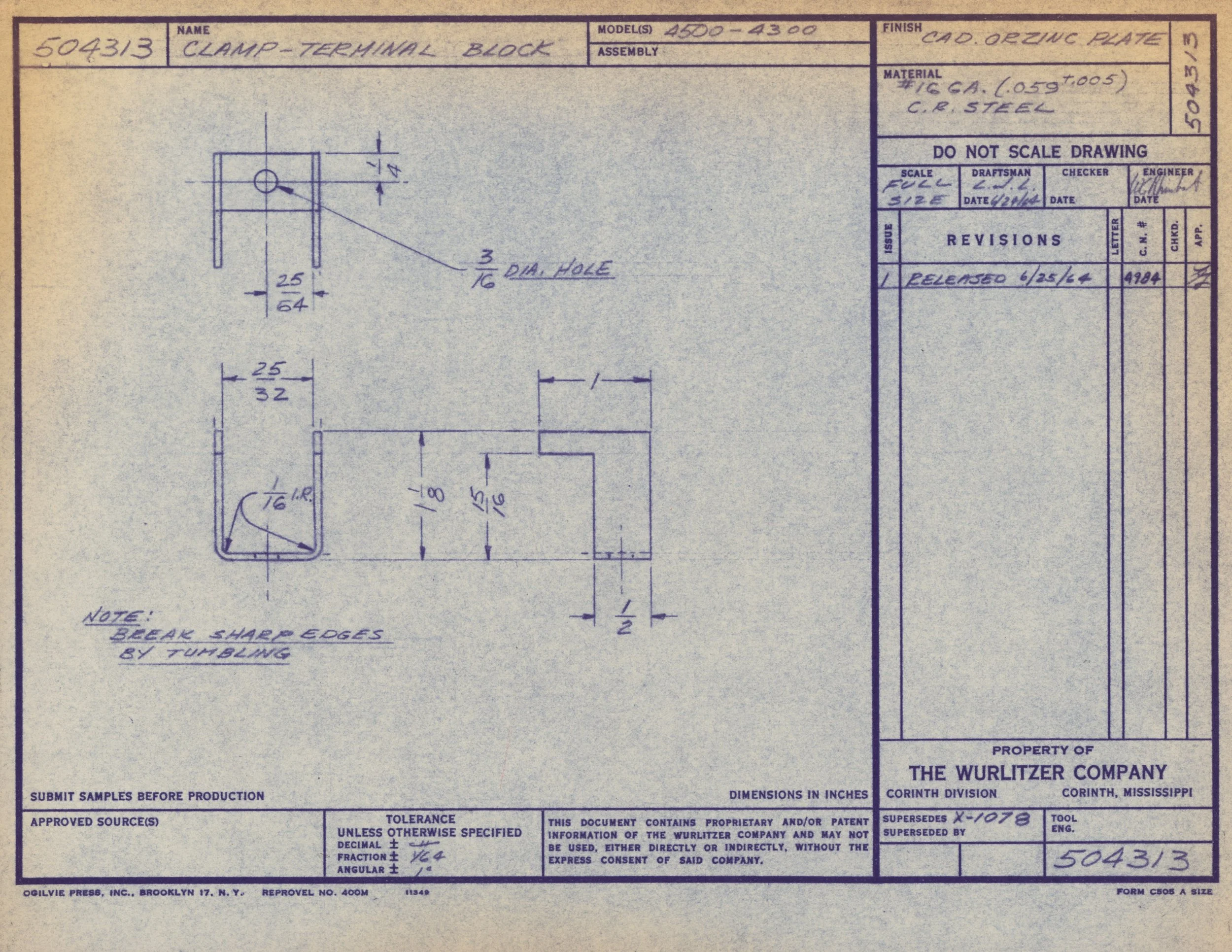 Technical blueprint of a clamp-terminal block with detailed dimensions and annotations, created by The Wurlitzer Company, dated June 25, 1964.