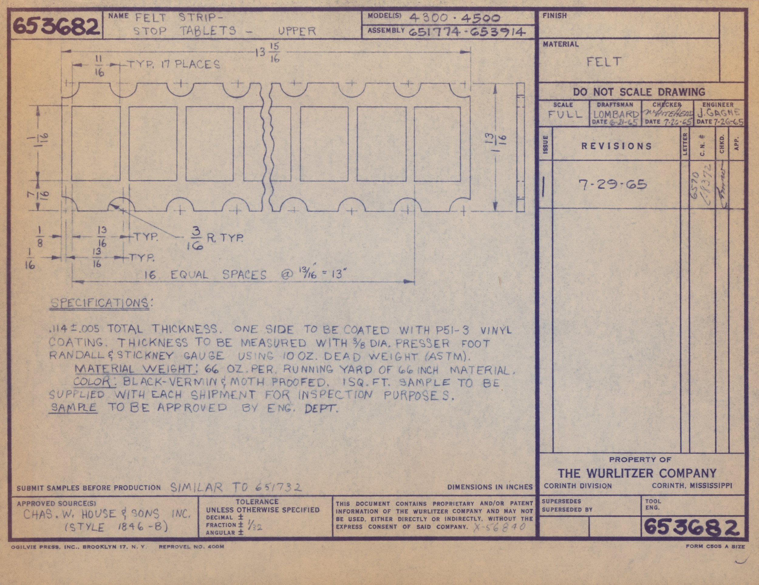 Technical blueprint drawing for felt stop tablets with detailed measurements and specifications, created by The Wurlitzer Company in Mississippi, dated July 29, 1965.