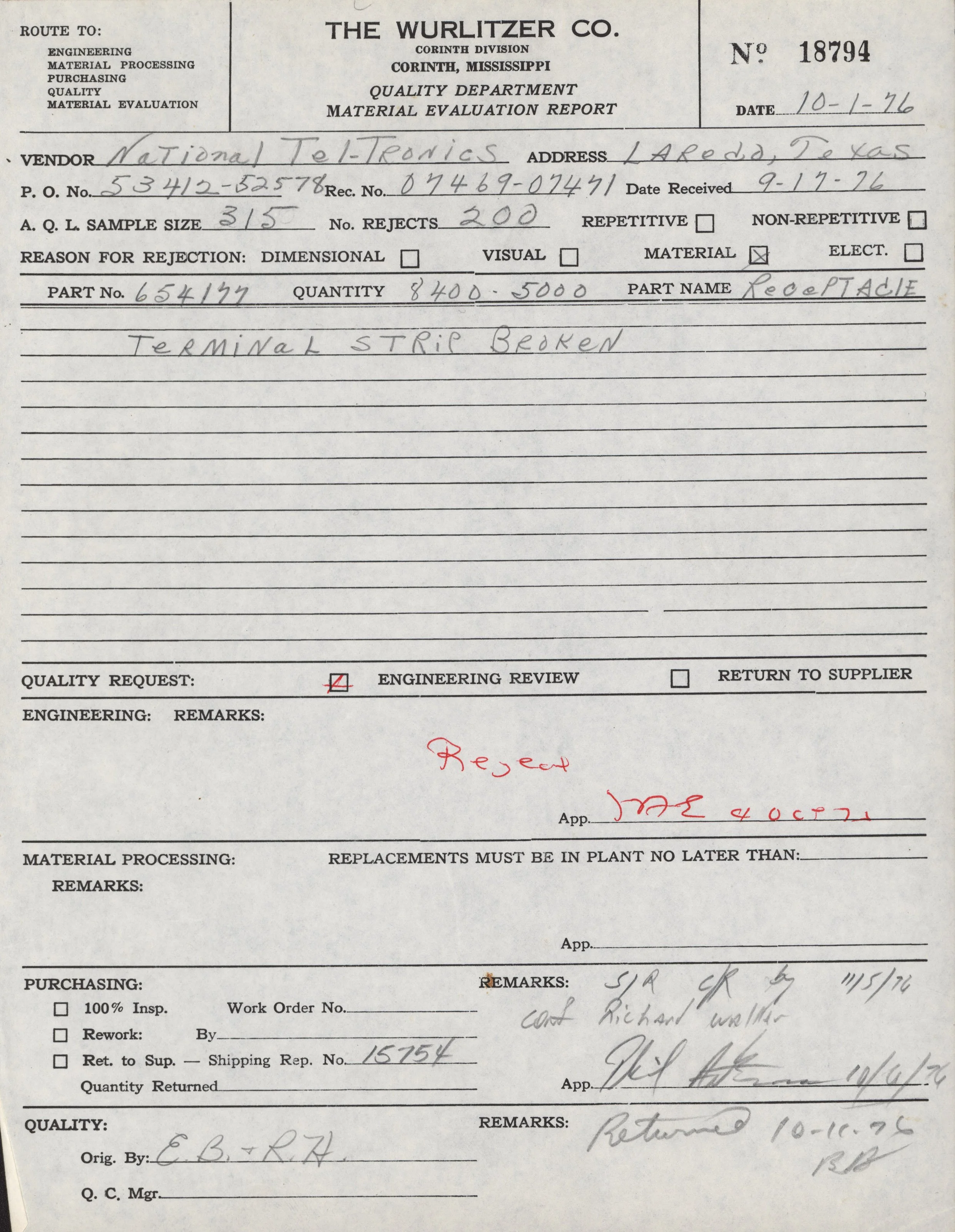 A historical document titled 'Material Evaluation Report' from The Wurlitzer Co., dated October 1, 1976. It contains handwritten notes, including the rejection of a terminal strip due to being broken, with an engineering review checkmark and remarks 