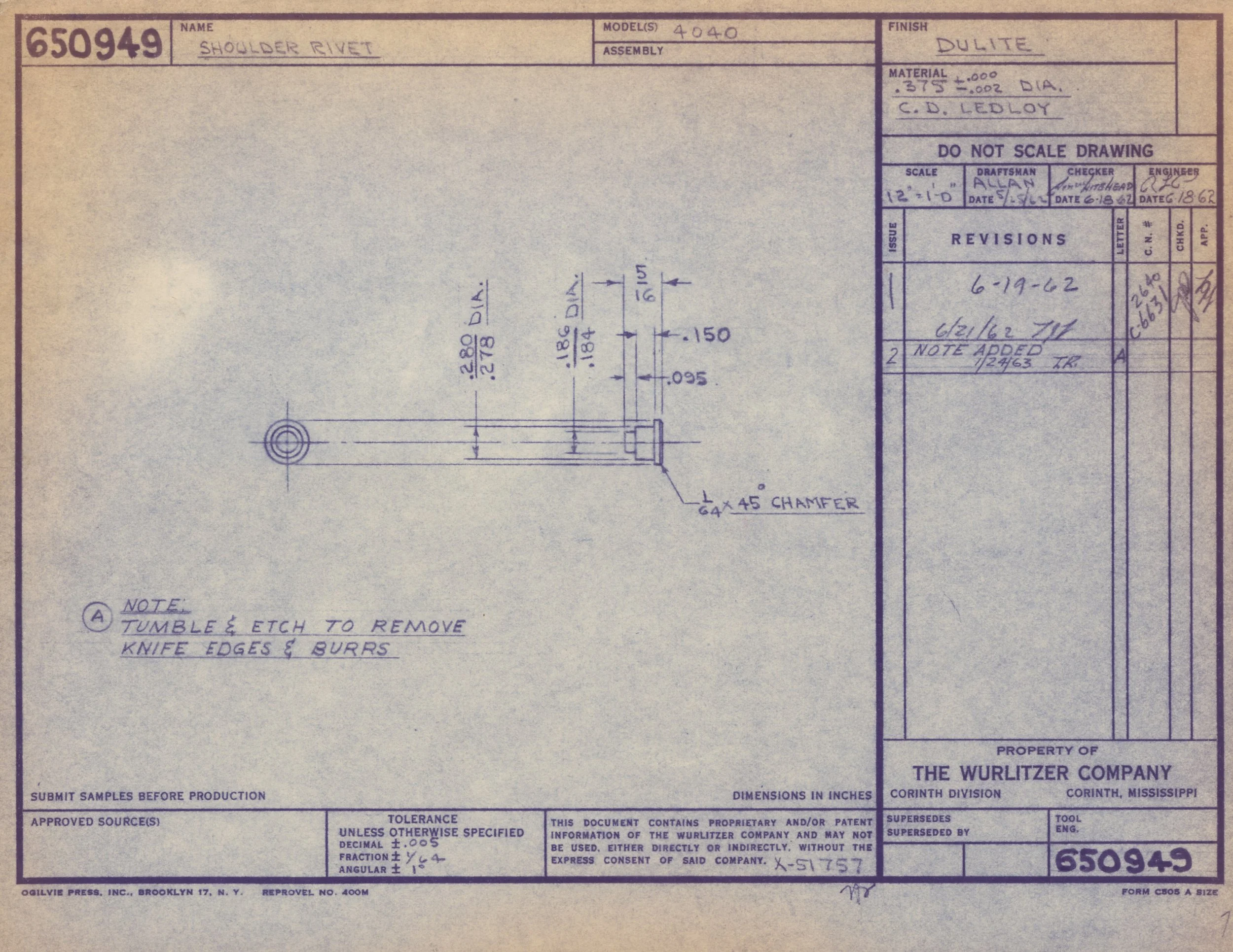 Blueprint drawing for a shoulder rivet with detailed measurements and specifications, created by the Wurlitzer Company in Corinth, Mississippi.
