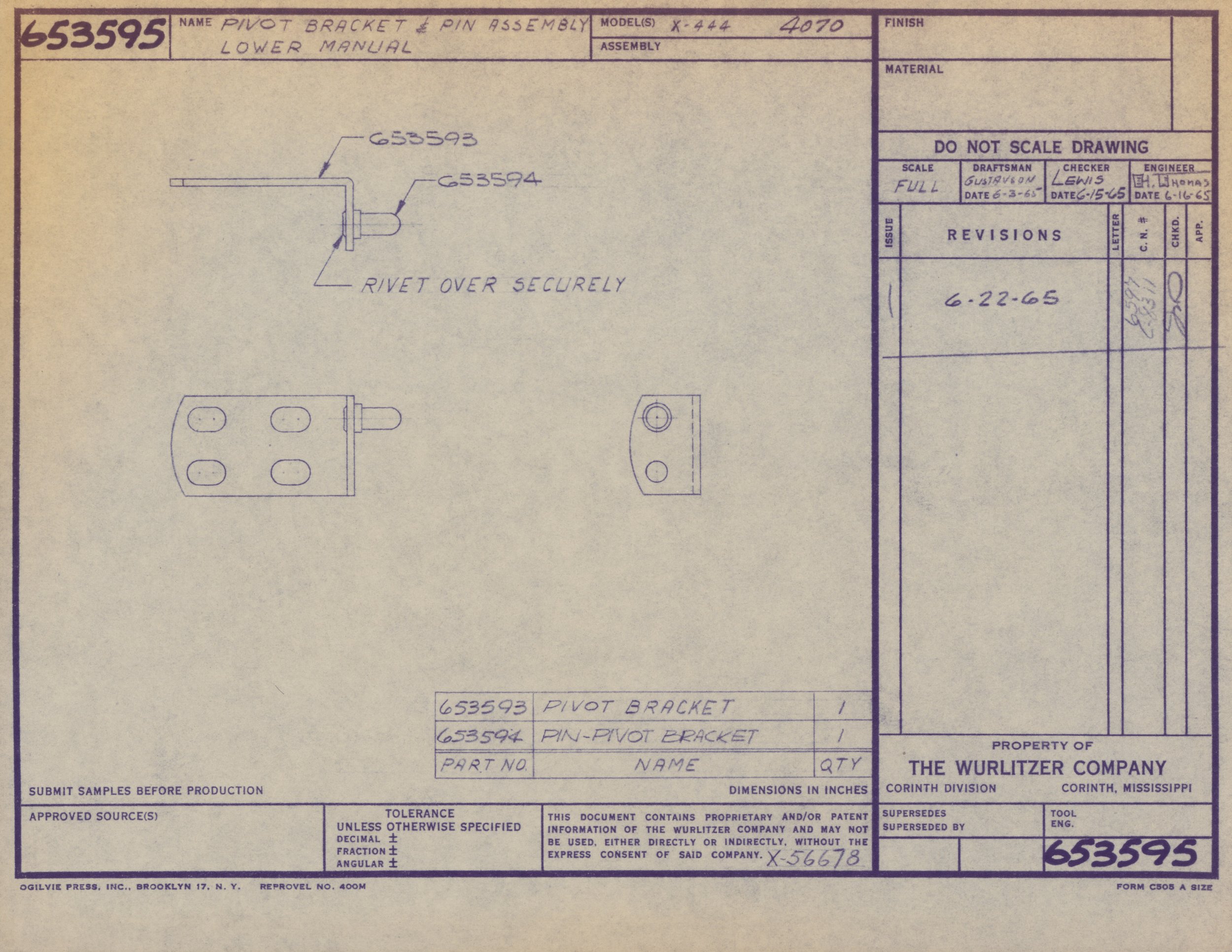 Technical blueprint drawing of a pivot bracket and pin assembly with labeled parts, dimensions, and notes for manufacturing.