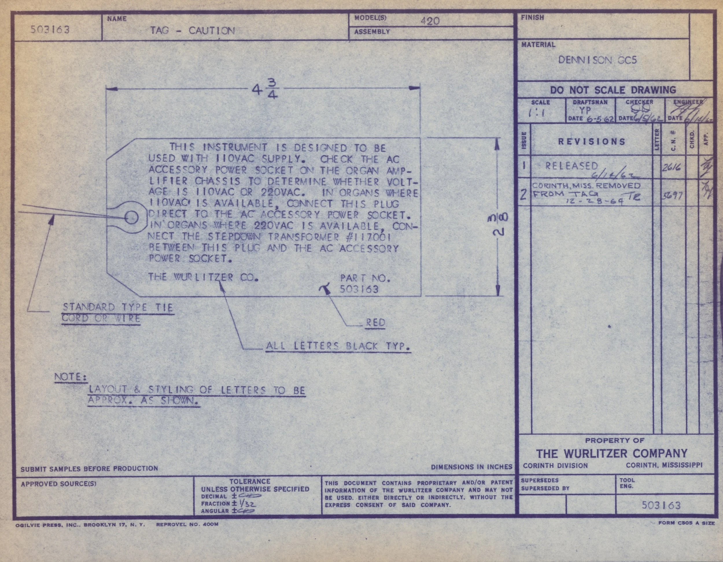 Technical blueprint or engineering drawing showing detailed specifications and measurements for a part or product. Contains text instructions, measurements in inches, and signatures for approval processes.