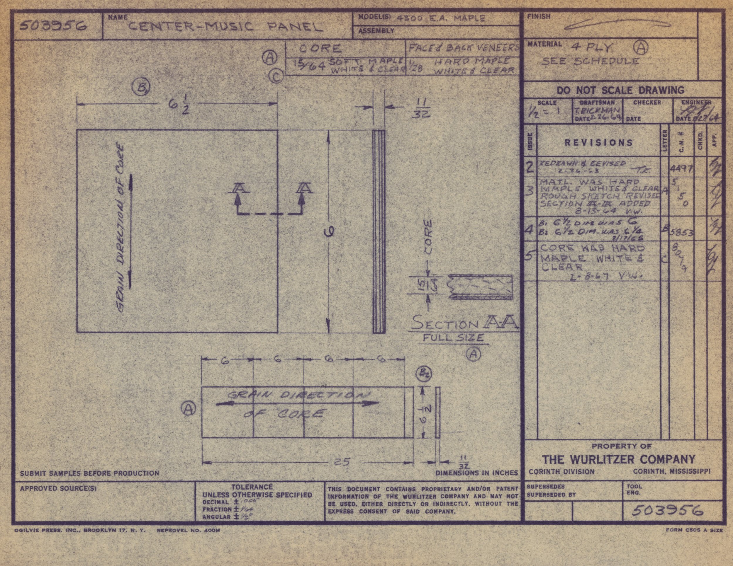 Technical blueprint or construction drawing for a center-music panel, with measurements and material specifications, created by The Wurlitzer Company.