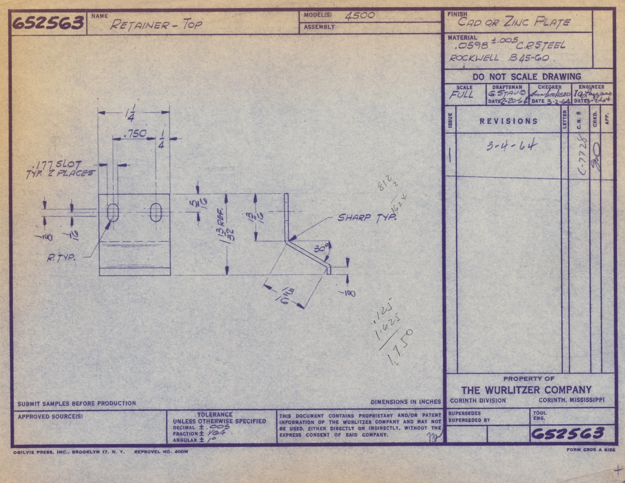 Blueprint technical drawing of a top retainer with detailed measurements, notes, and annotations, created by The Wurlitzer Company in Corinth, Mississippi.