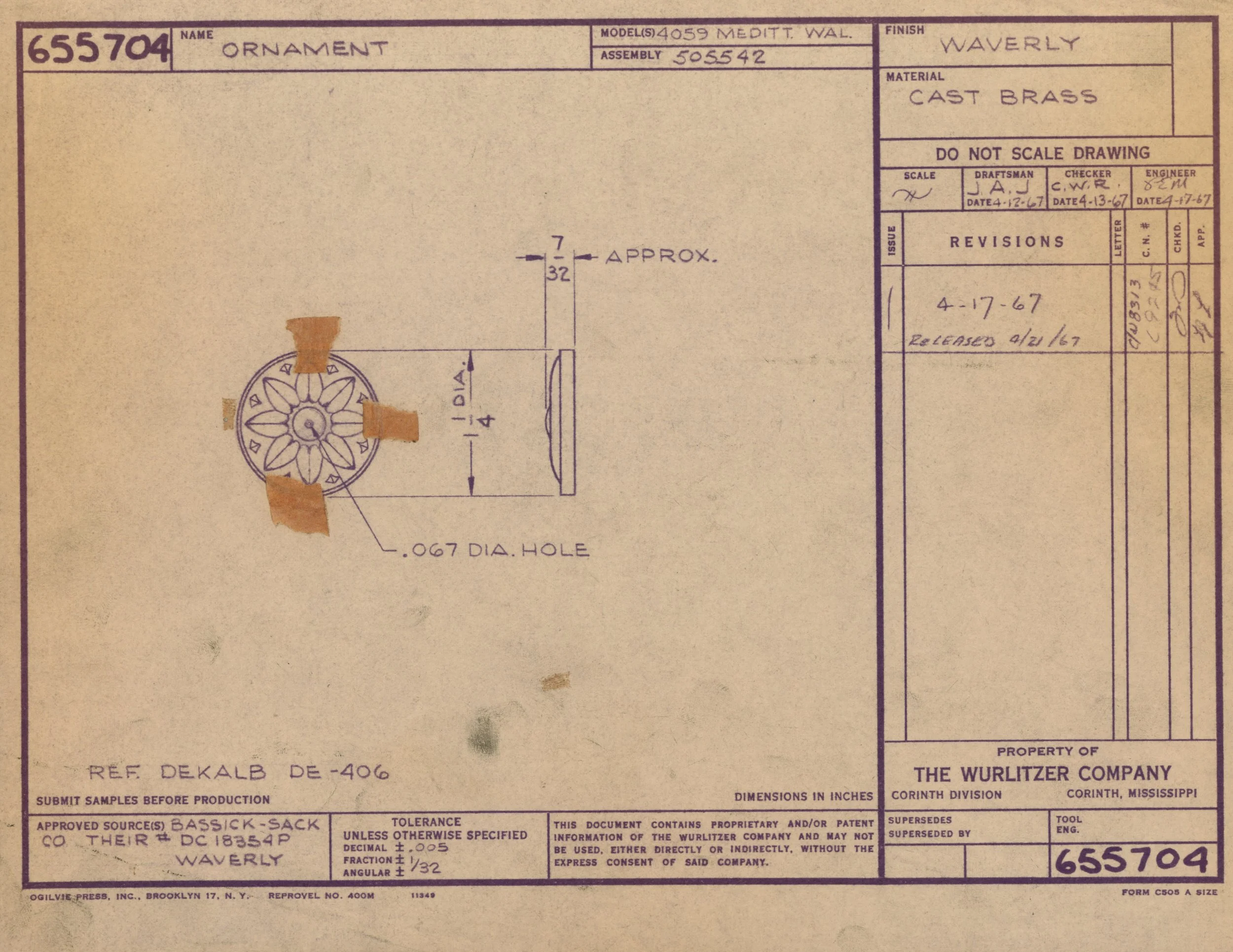 Blueprint or technical drawing of a cast brass ornament with a flower-like design, labeled with dimensions and specifications, produced by the Wurlitzer Company.