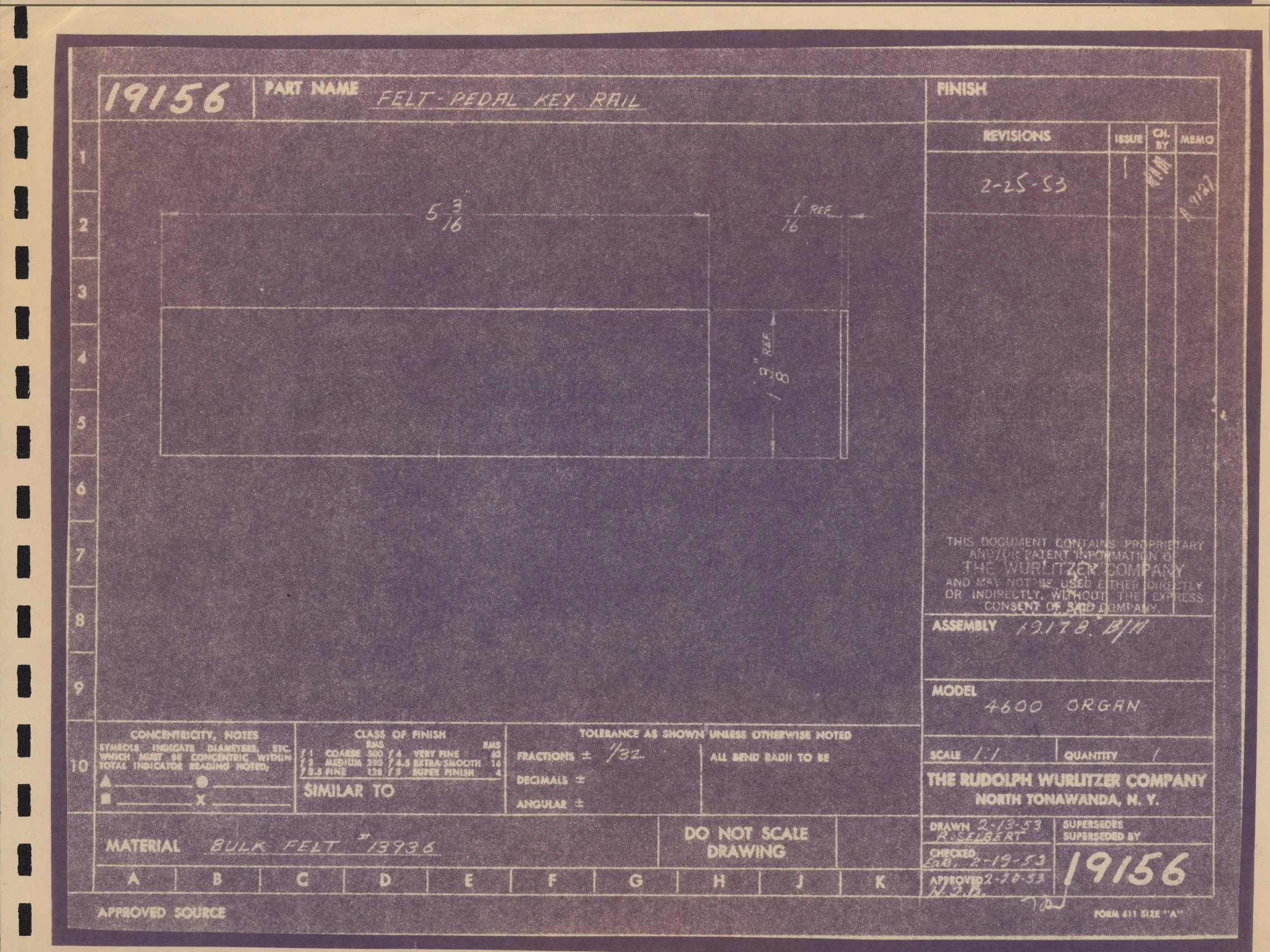 Blueprint of Felt-Pedal Key Rail part with technical details, measurements, and notes from Rudolph Wurtizer Company, dated February 23, 1953.