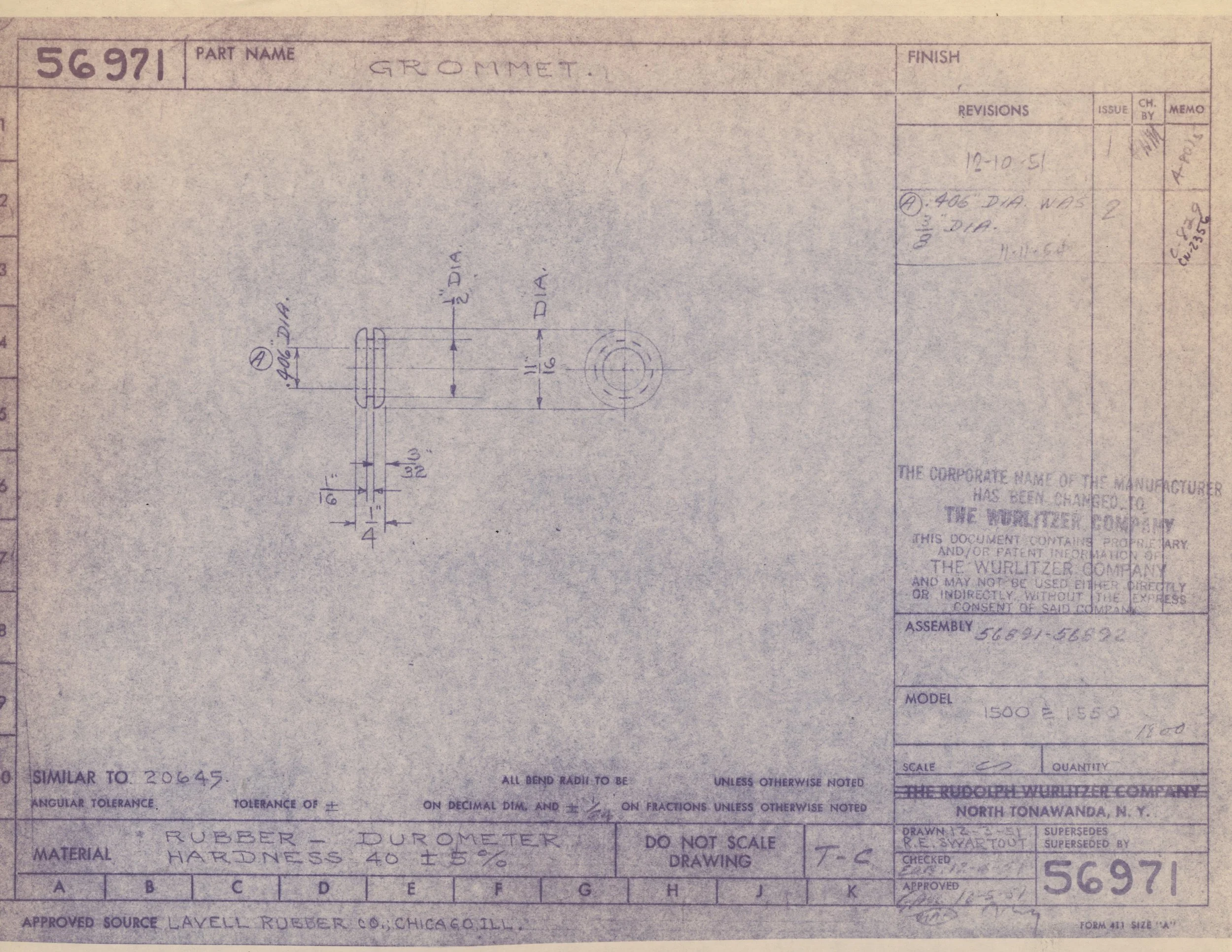 Technical drawing of a rubber durometer, including engineering specifications, measurements, and material details.