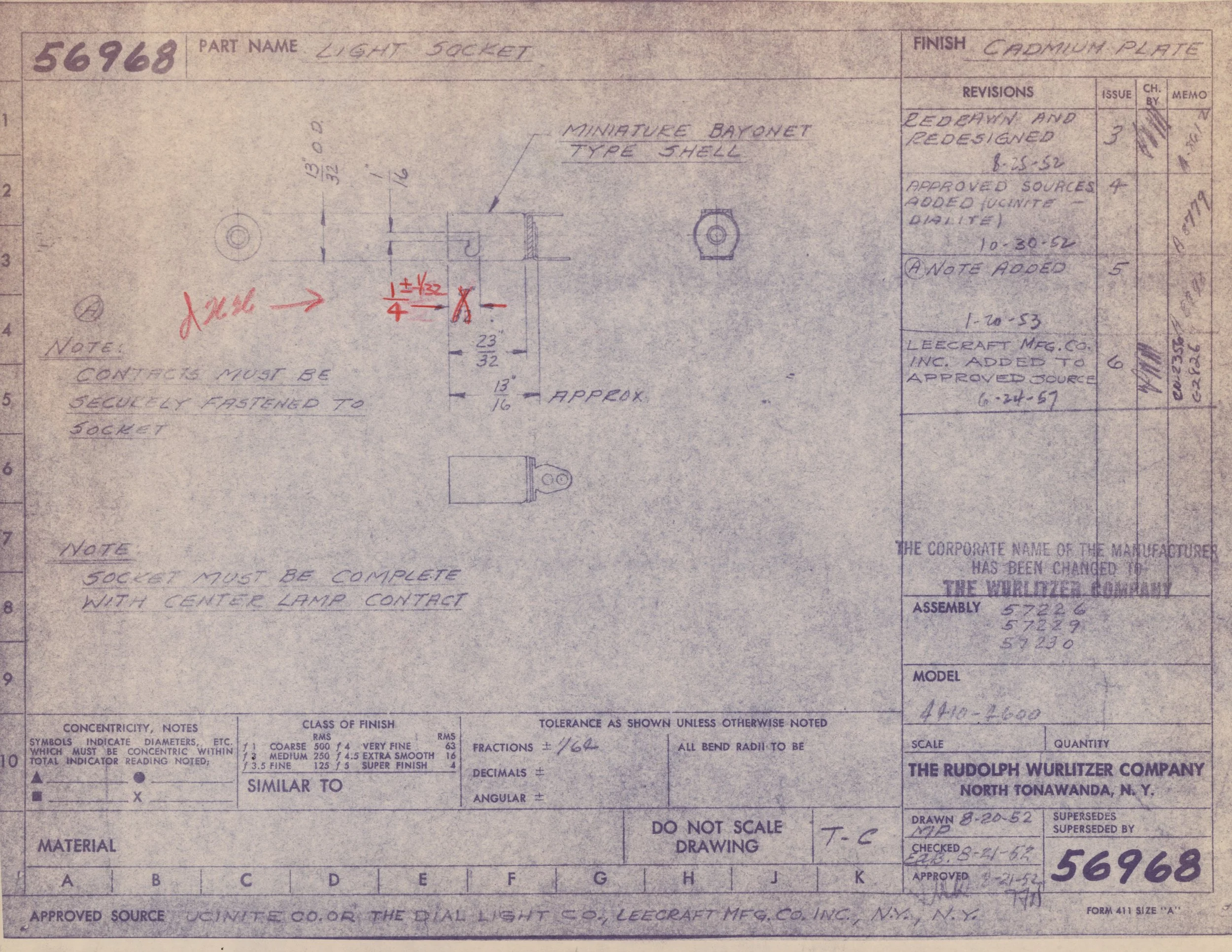 Technical blueprint drawing for a miniature bayonet light socket with measurements, notes, and manufacturer details, including sketches of the socket and specifications.