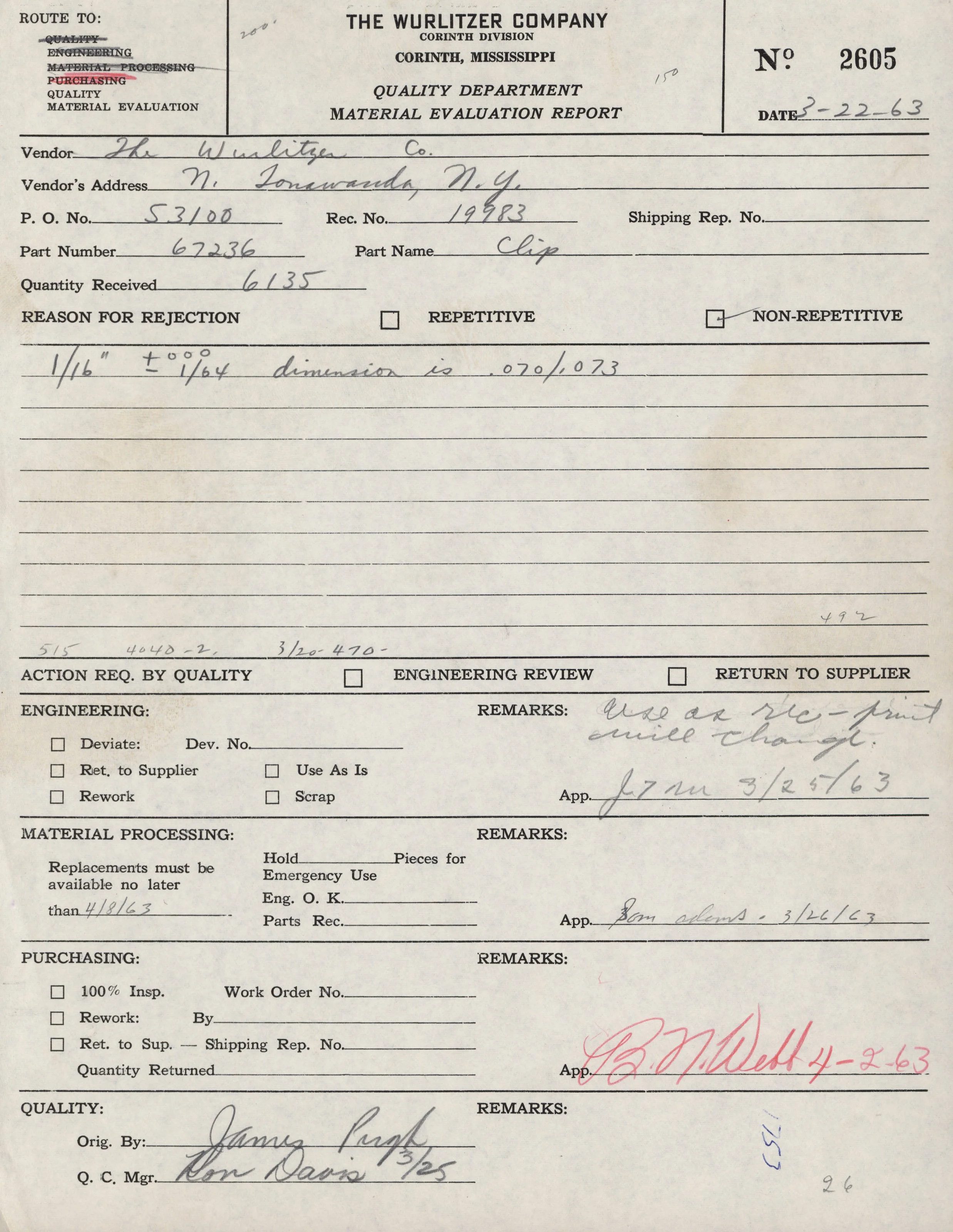 Old handwritten technical document titled 'Material Evaluation Report' from The Wurlitzer Company, Corinth Division, Mississippi, dated May 22, 1963. Contains detailed handwritten notes, signatures, and various technical specifications and rejection 