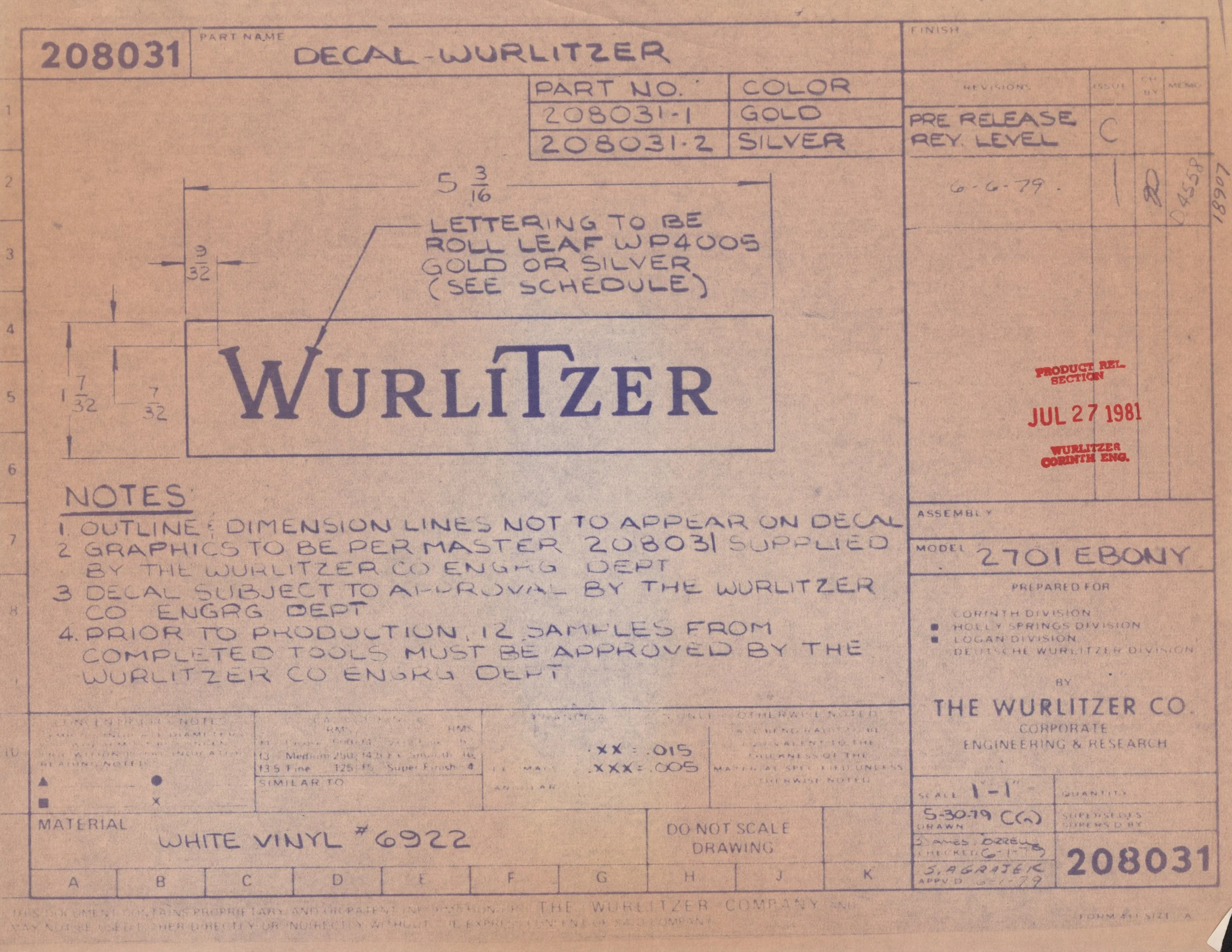 Technical drawing blueprint of a decal wurlitzer, showing specifications, materials, part numbers, and notes for manufacturing, dated July 27, 1981.