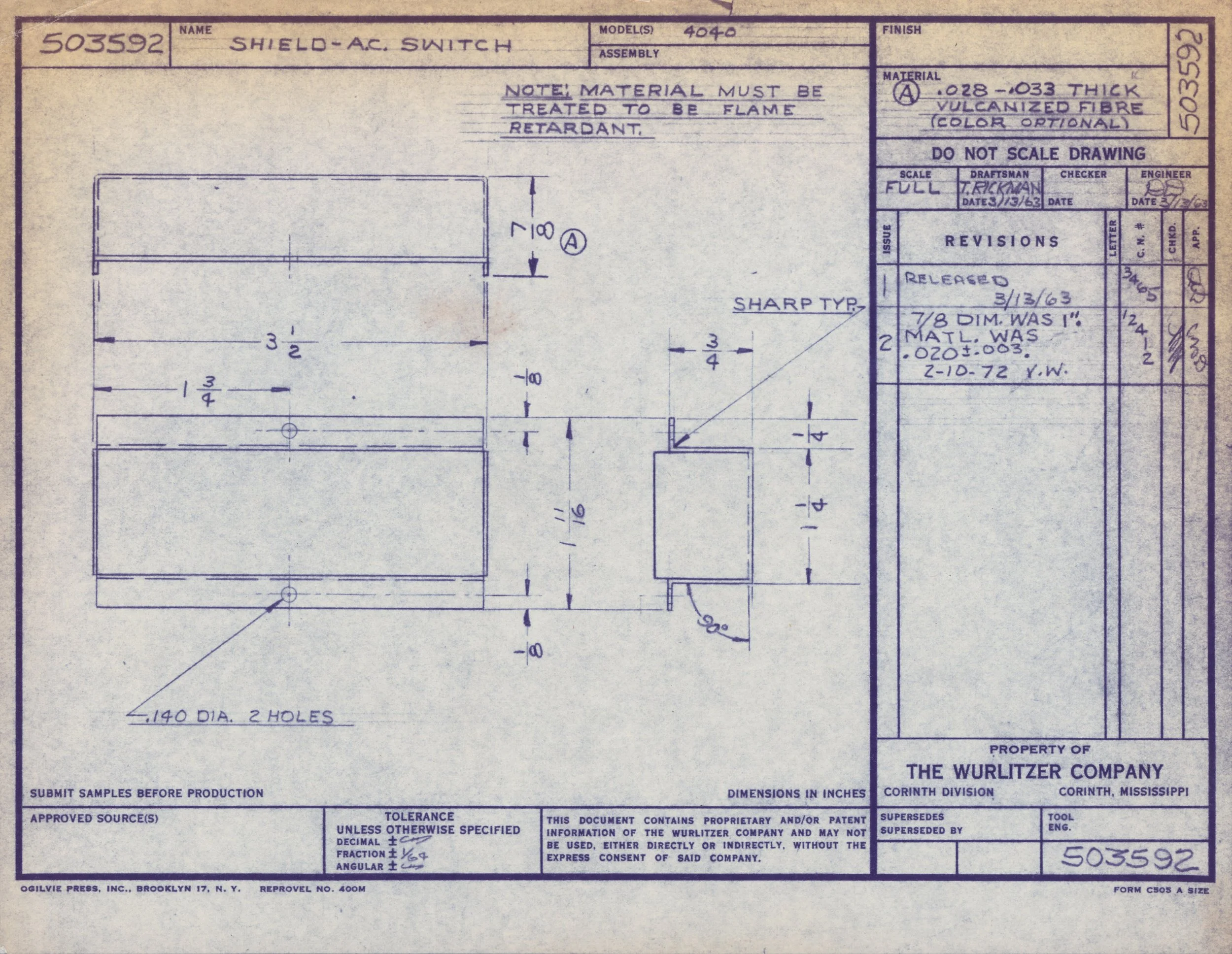 Technical drawing of an electrical switch labeled 'SHIELD-A.C. SWITCH' with measurements and notes, created by The Wurlitzer Company in Corinth, Mississippi.