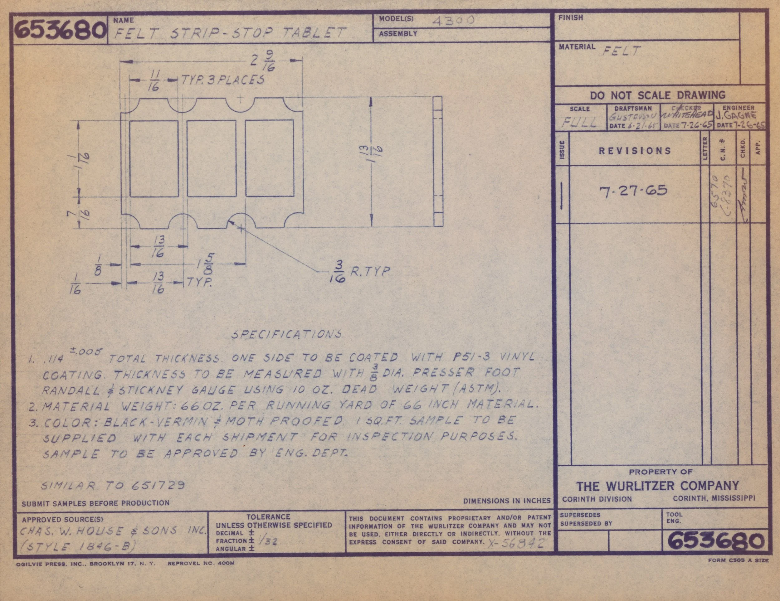 Blueprint drawing for a felt strip-stop tabletop, showing technical specifications, dimensions, and notes for manufacturing.