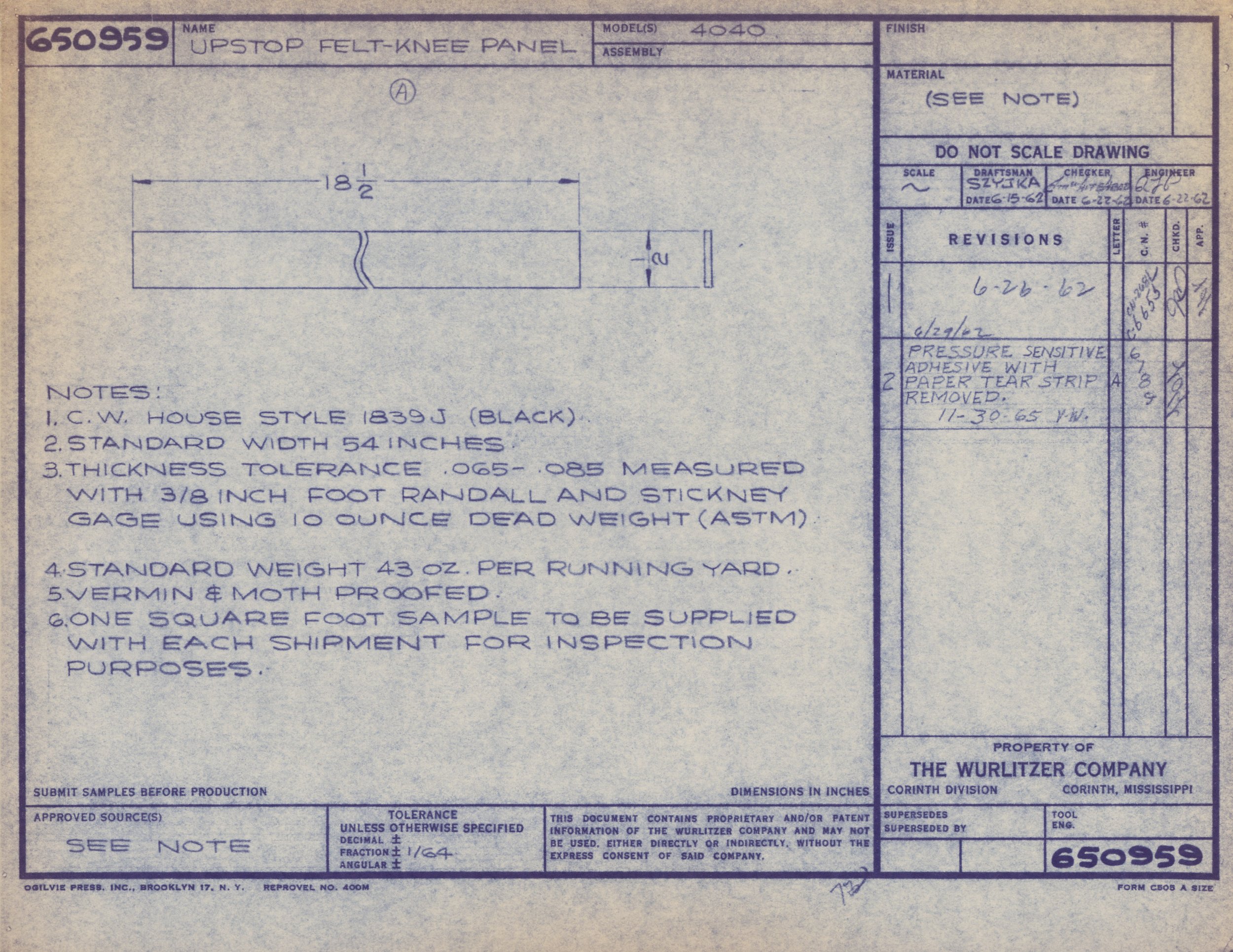 Blueprint drawing of a felt-knee panel with dimensions, revision notes, and technical specifications.