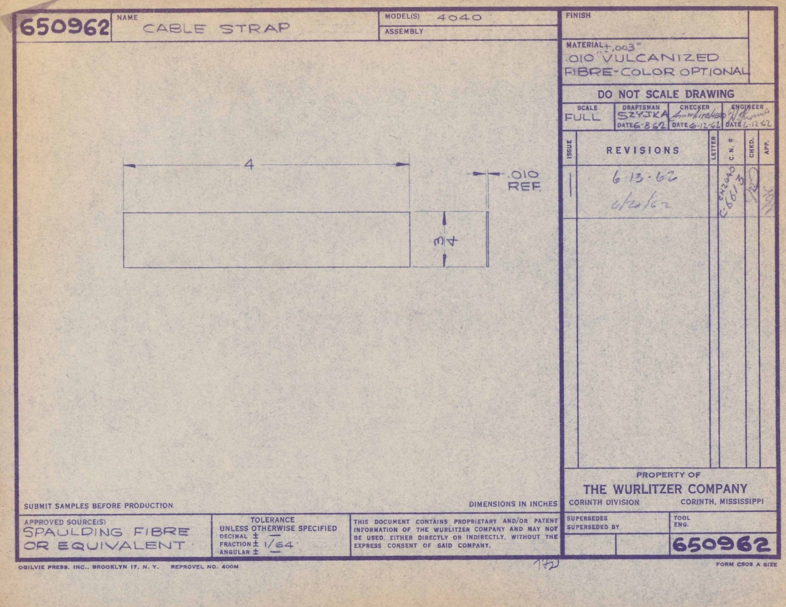 Technical drawing of a cable strap made of vulcanized fiber, with measurements and notes, produced by The Wurlitzer Company in Corinth, Mississippi.