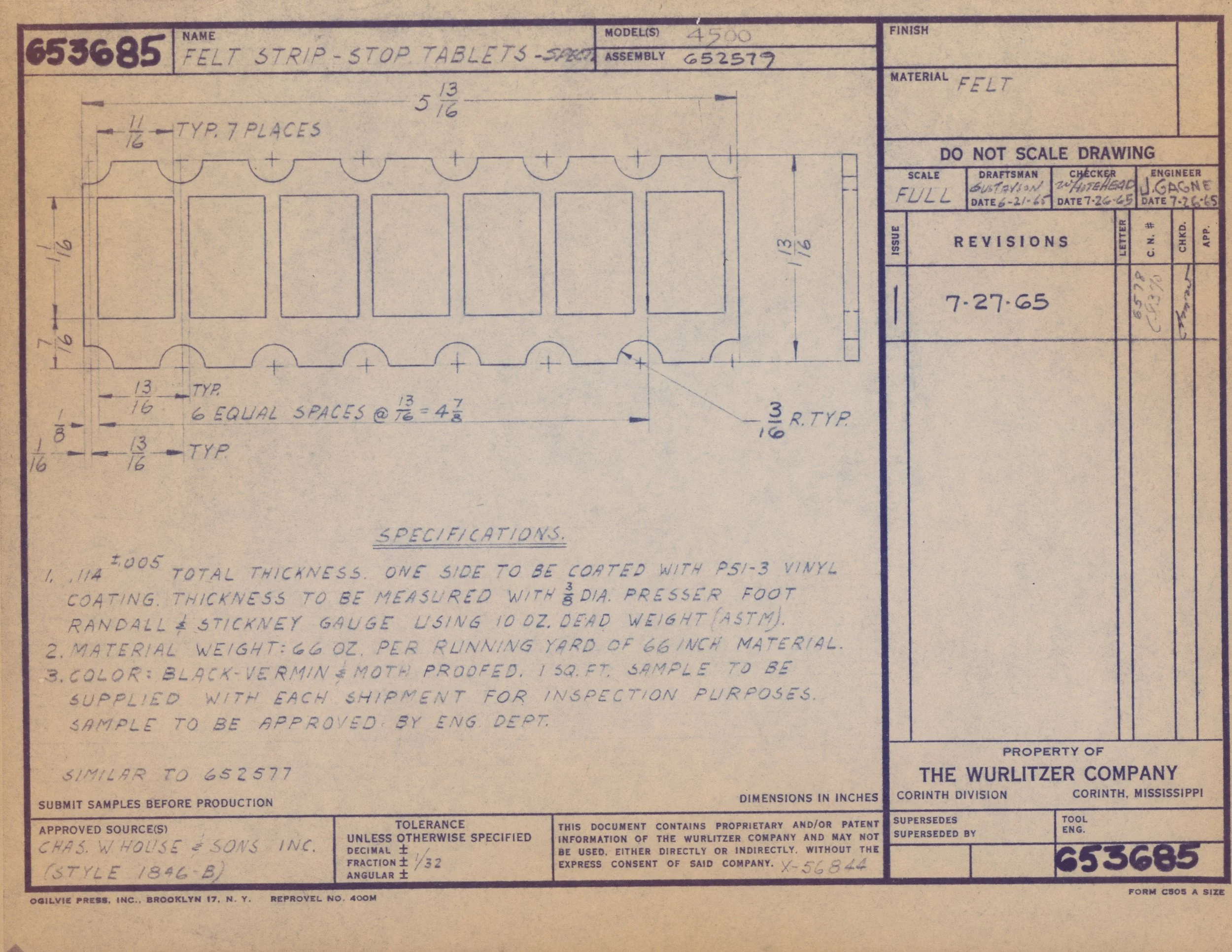Technical blueprint drawing of felt stop tables, showing dimensions, layout, and specifications for manufacturing.