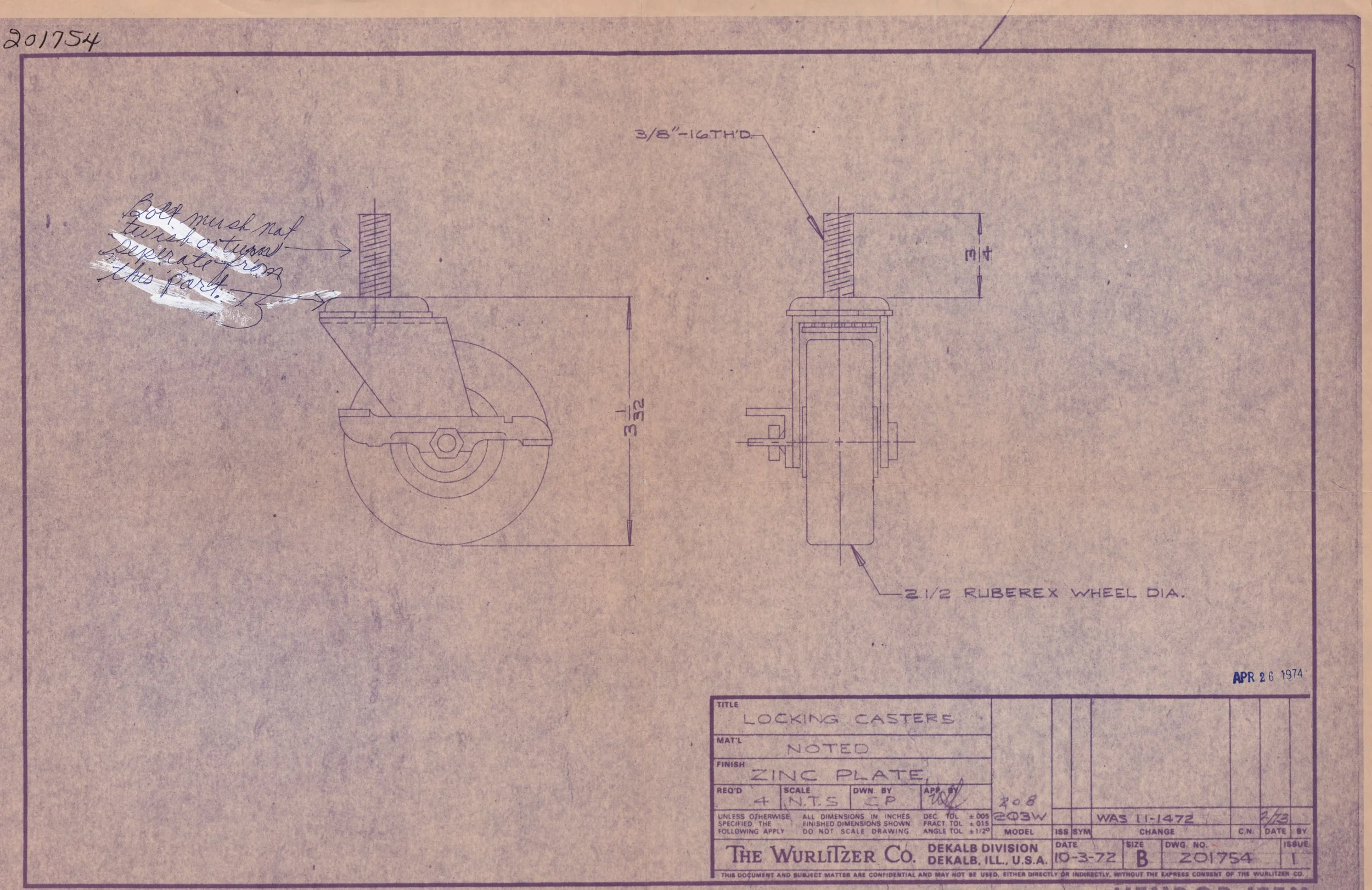 Technical drawing of locking casters with detailed measurements and specifications, dated April 26, 1974.
