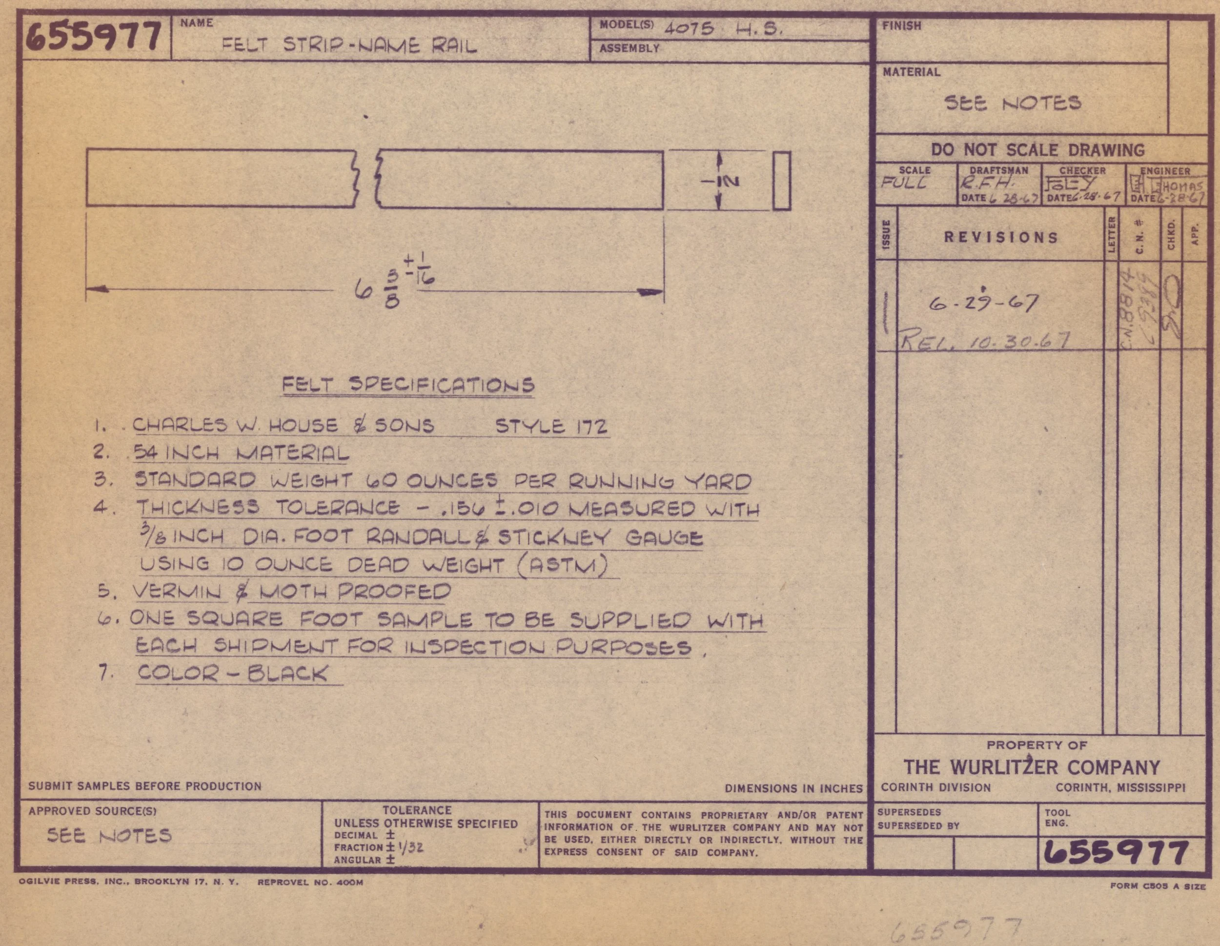 Technical drawing of a felt strip with dimensions and notes, created on June 29, 1967, regarding specifications for a felt rail component.