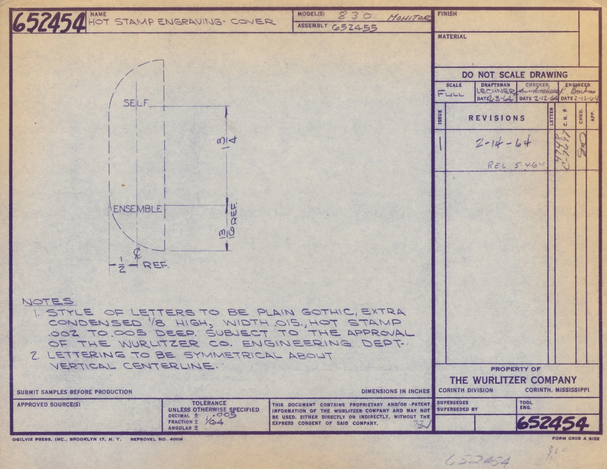 A technical drawing or engraving plan for a hot stamp engraving cover, showing detailed measurements, letter styles, and engineering notes, with handwritten dates and signatures.