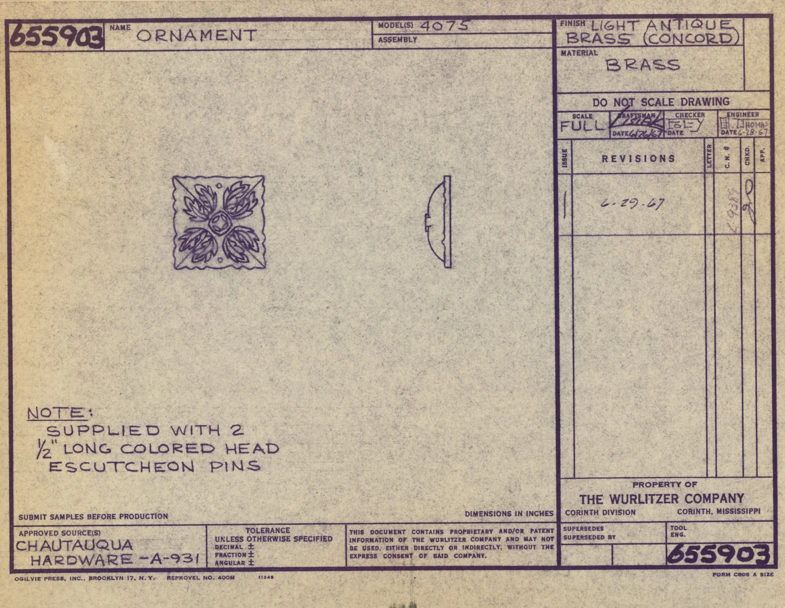 A technical drawing titled 'ornament', made of brass, featuring a detailed design of a floral pattern with leaves and a central element, accompanied by assembly and revision information, and a note about requiring two 1/2 inch long colored head escut