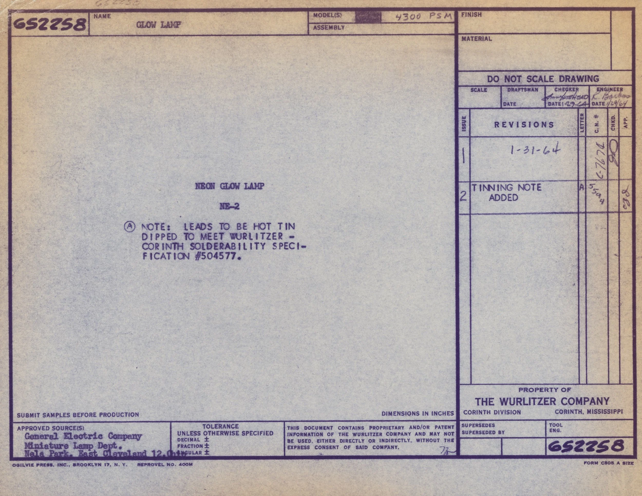 A technical blueprint or engineering drawing for a neon glow lamp, created by The Wurlitzer Company in Corinth, Mississippi, with handwritten and printed notes, references, and specifications.