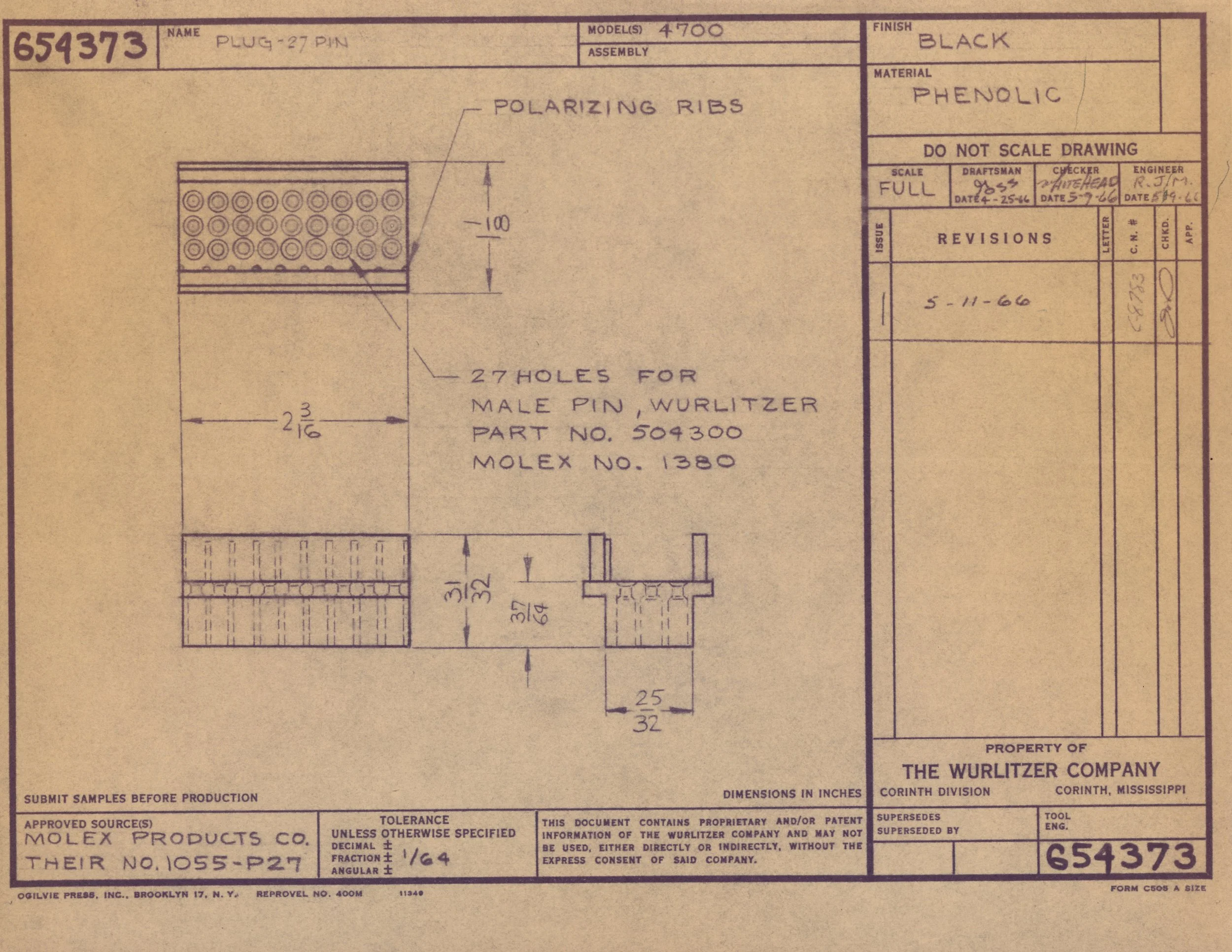 Technical drawing of a plug with 27 holes for male pin, featuring polarizing ribs, dimensions, and assembly details, issued by Molex Products Co.