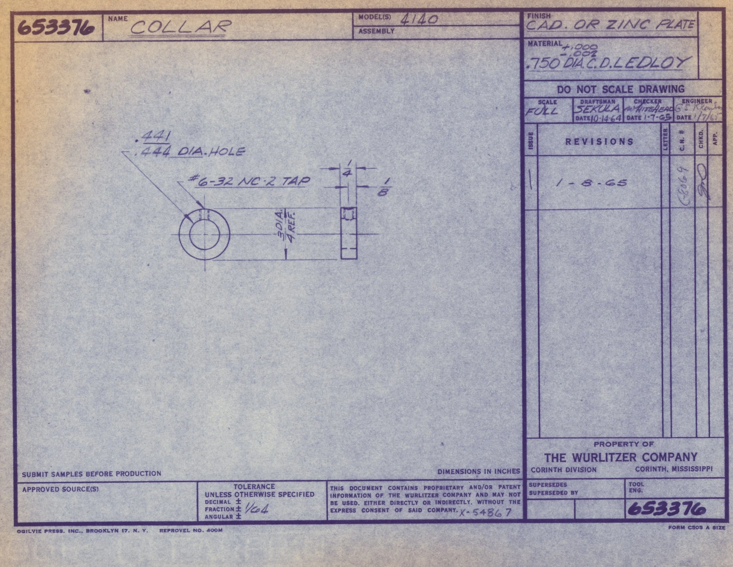 Blueprint technical drawing for a collar, showing a circular hole with diameter specifications and detailed dimensions, created by The Wurlitzer Company in Corinth, Mississippi, dated 1964.