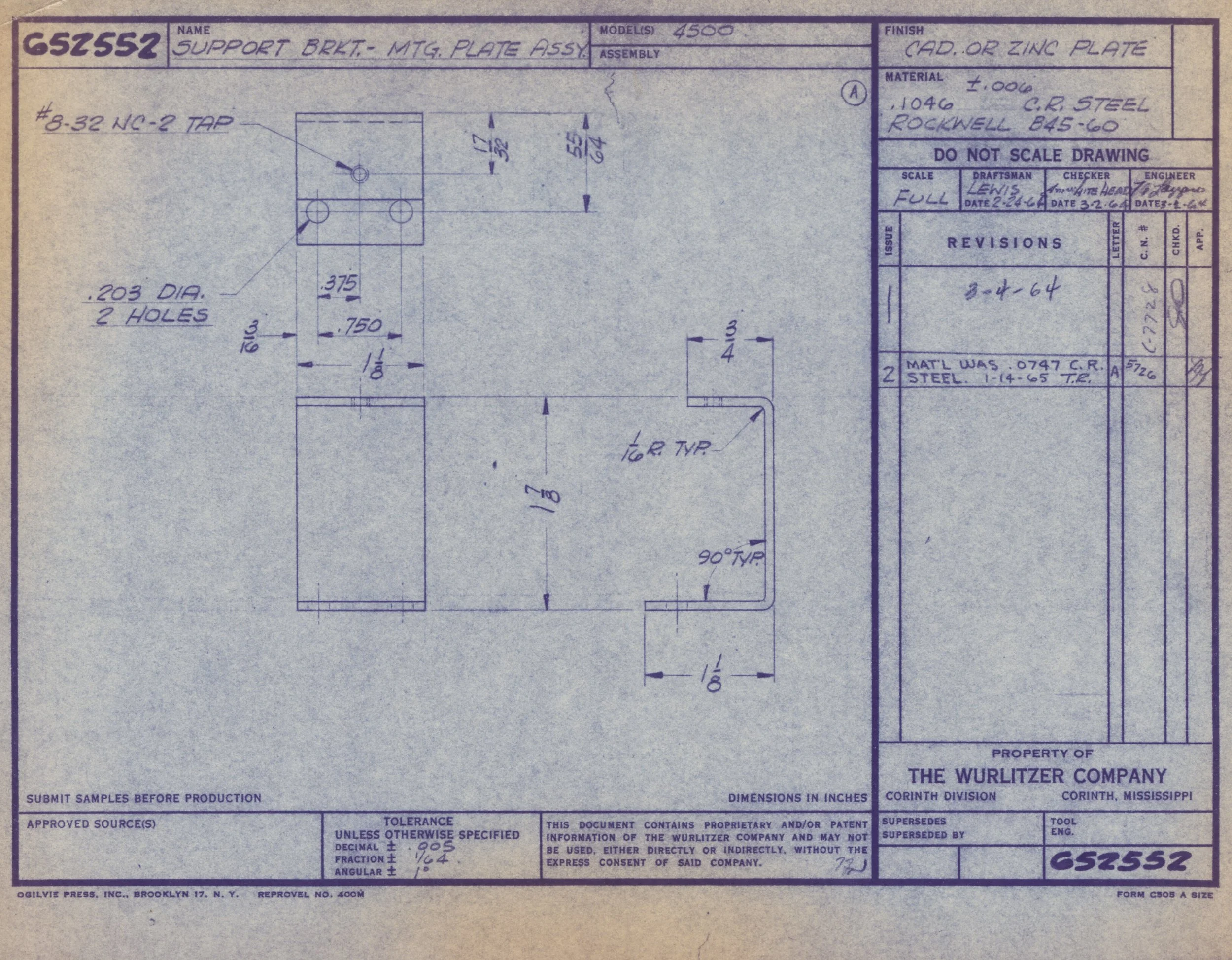 Engineering blueprint drawing of support bracket mounting plate with detailed measurements and specifications, including material and finish information, created by The Wurlitzer Company.