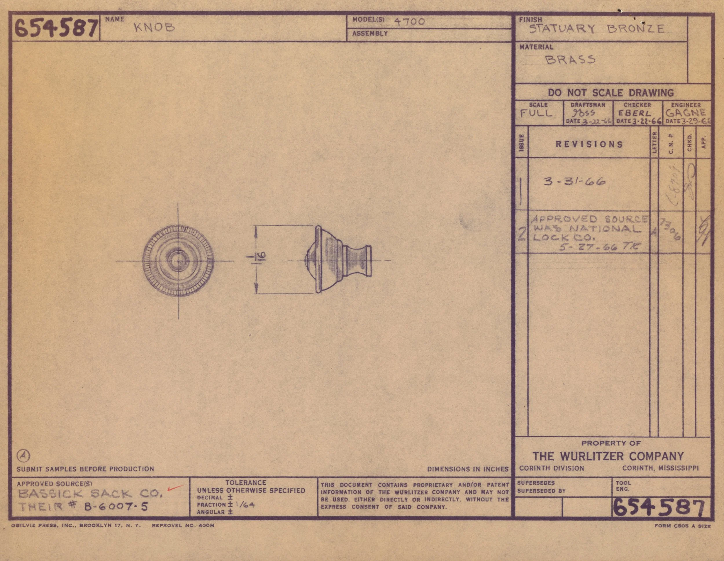 Blueprint drawing of a brass knob, showing detailed design and measurements, labeled as a 'Knob' with a 'Statuary Bronze' finish and made of brass, created by The Wurlitzer Company.