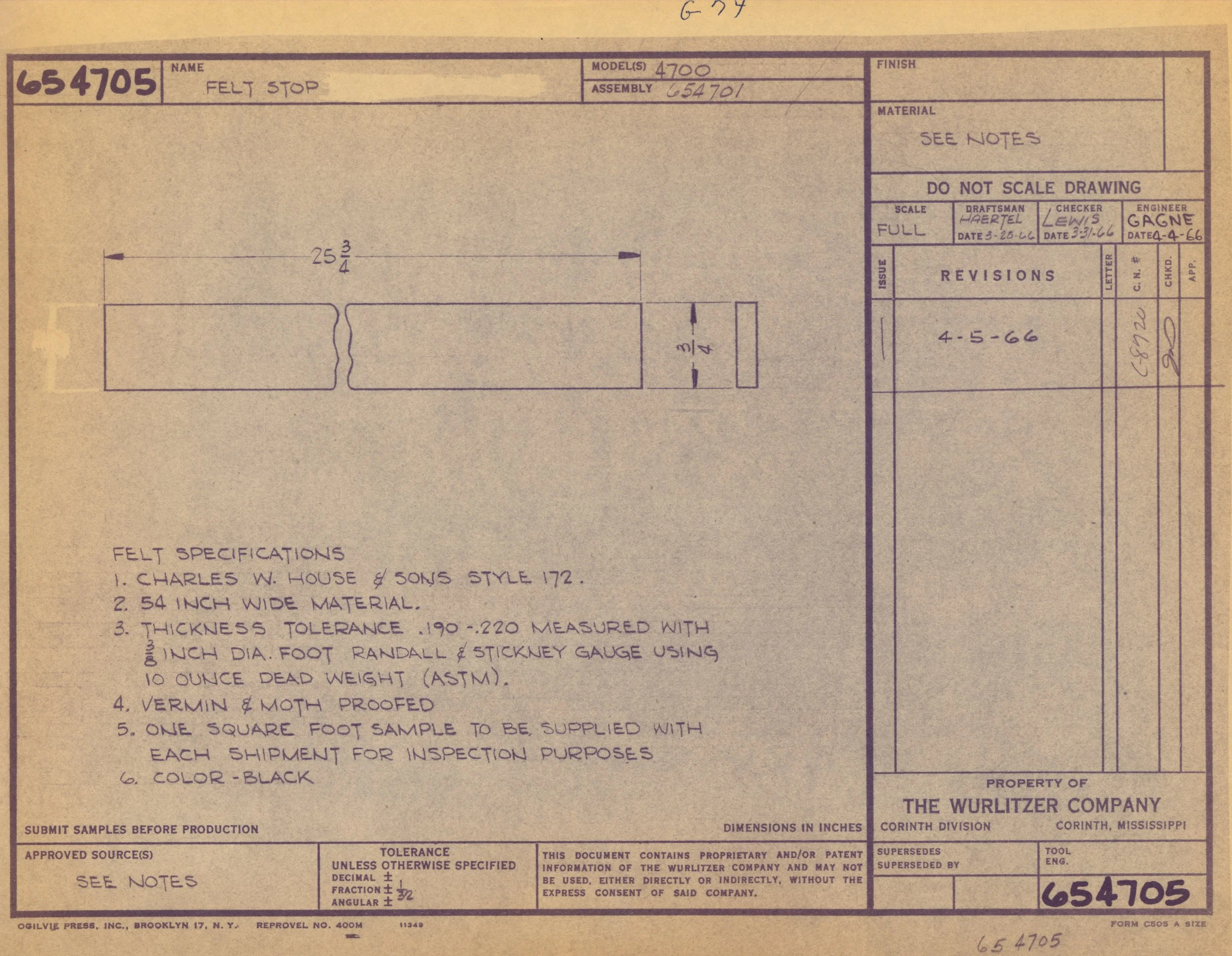 A technical blueprint or engineering drawing for a Felt Stop, model 4700, assembly 654701, created by Gagne. The document includes detailed specifications, dimensions, and notes related to the manufacturing and inspection process.