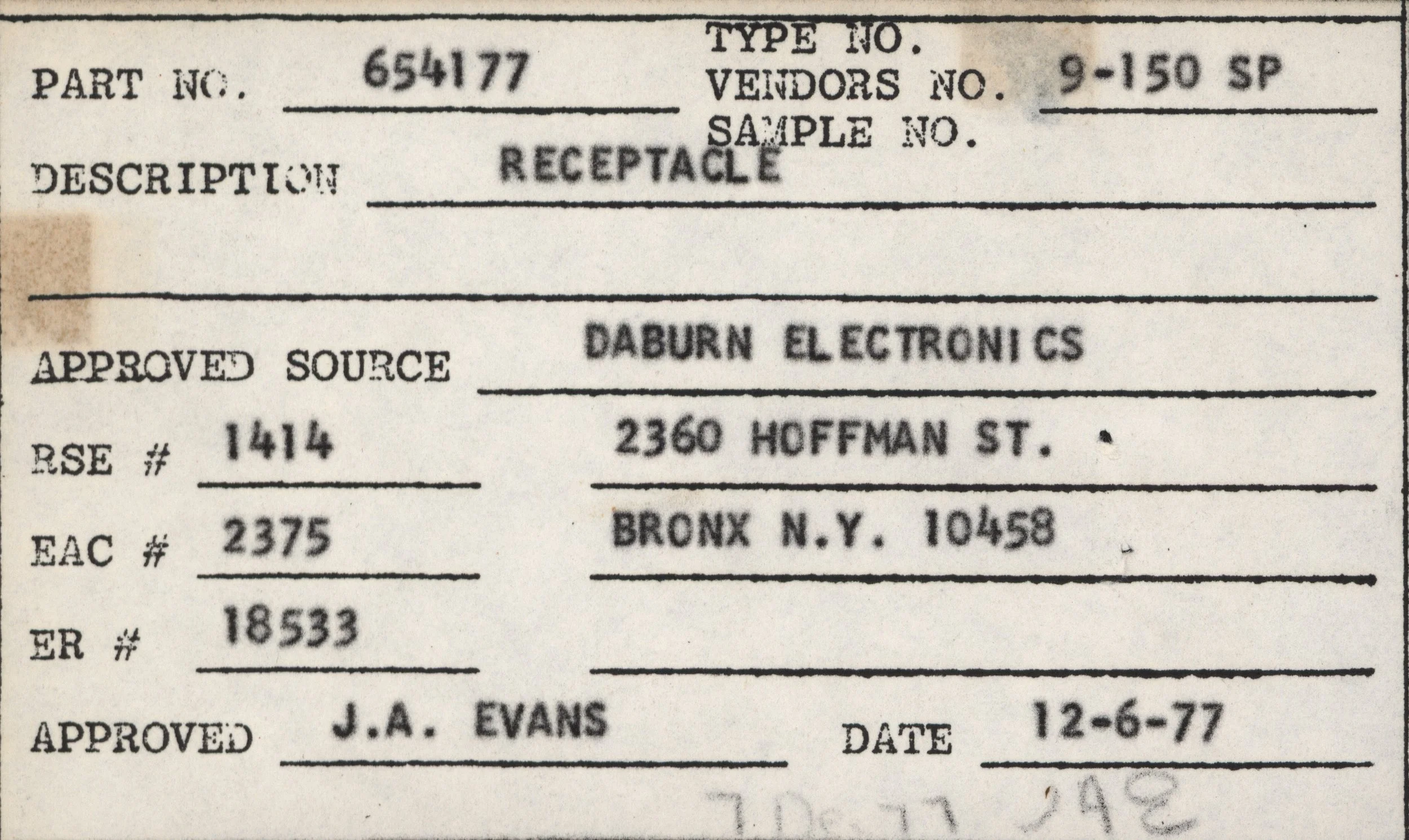 A close-up scan of an old electronic component label with handwritten and printed information, including part number 654177, description 'RECEPTACLE', vendor Daburn Electronics, and address 2360 Hoffman St., Bronx, NY.