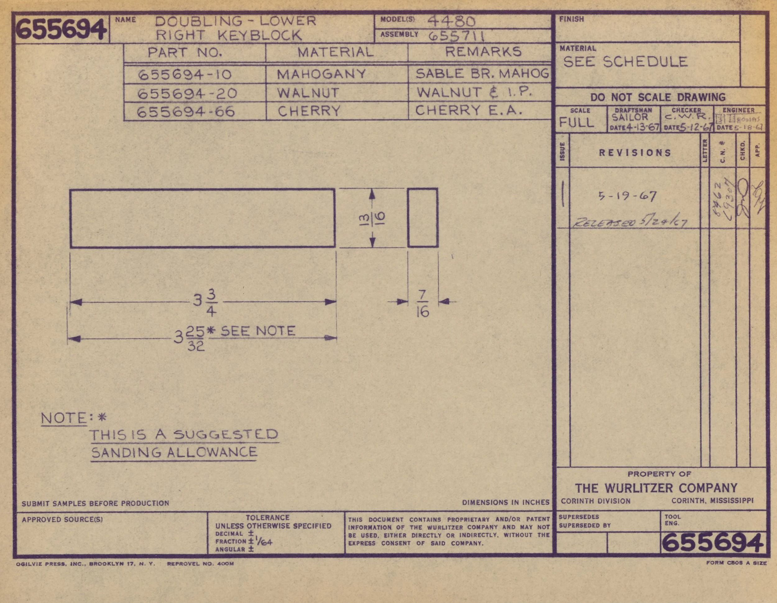 Technical drawing blueprint of a woodworking project for doubling lower right keyblock, with measurements in inches and material specifications including mahogany, walnut, and cherry.