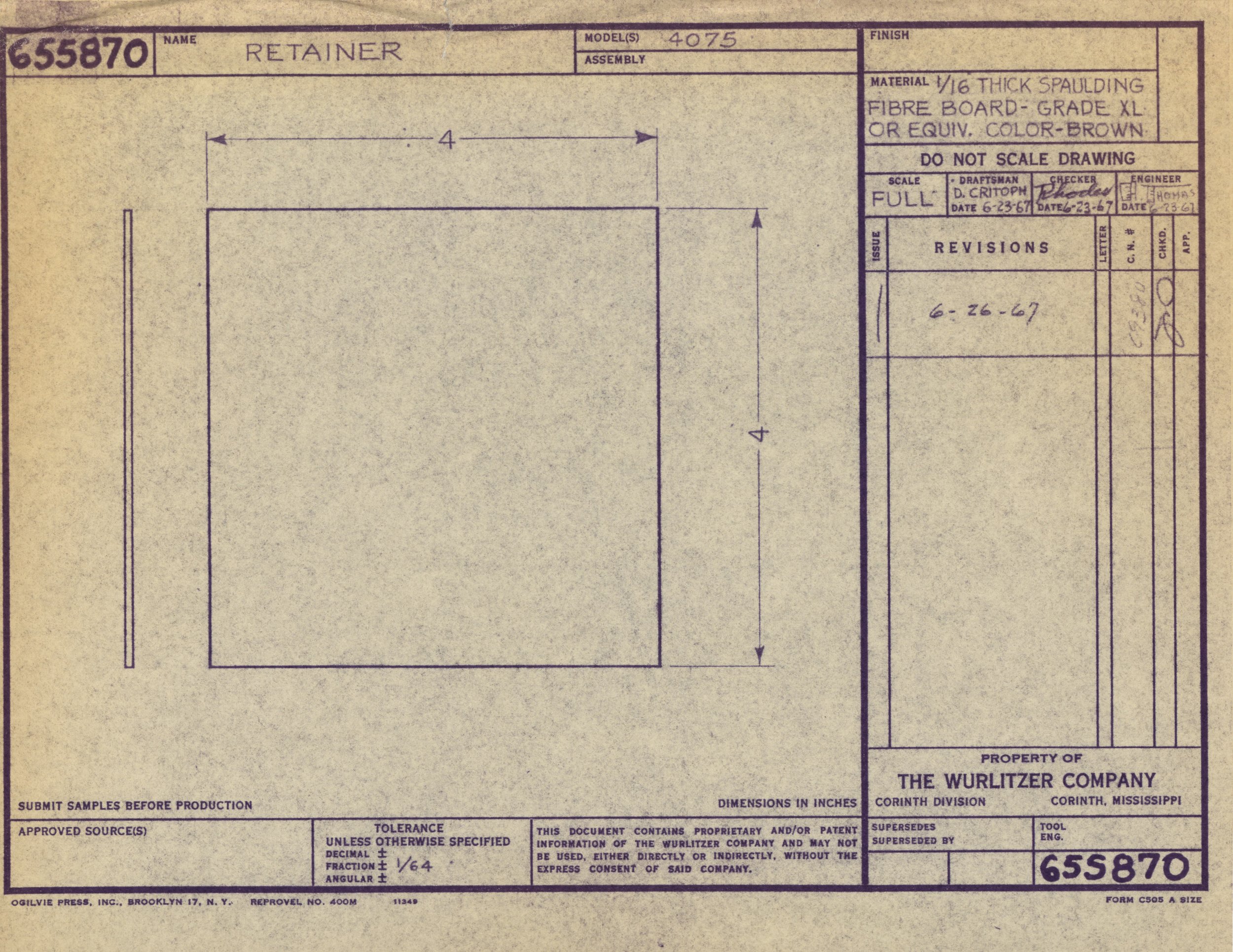 Engineering blueprint for a retainer made of 1/16 inch thick thick spaulding fiber board, grade XL or equivalent, in brown color, with detailed measurements, revisions, and approval signatures. Property of The Wurlitzer Company.