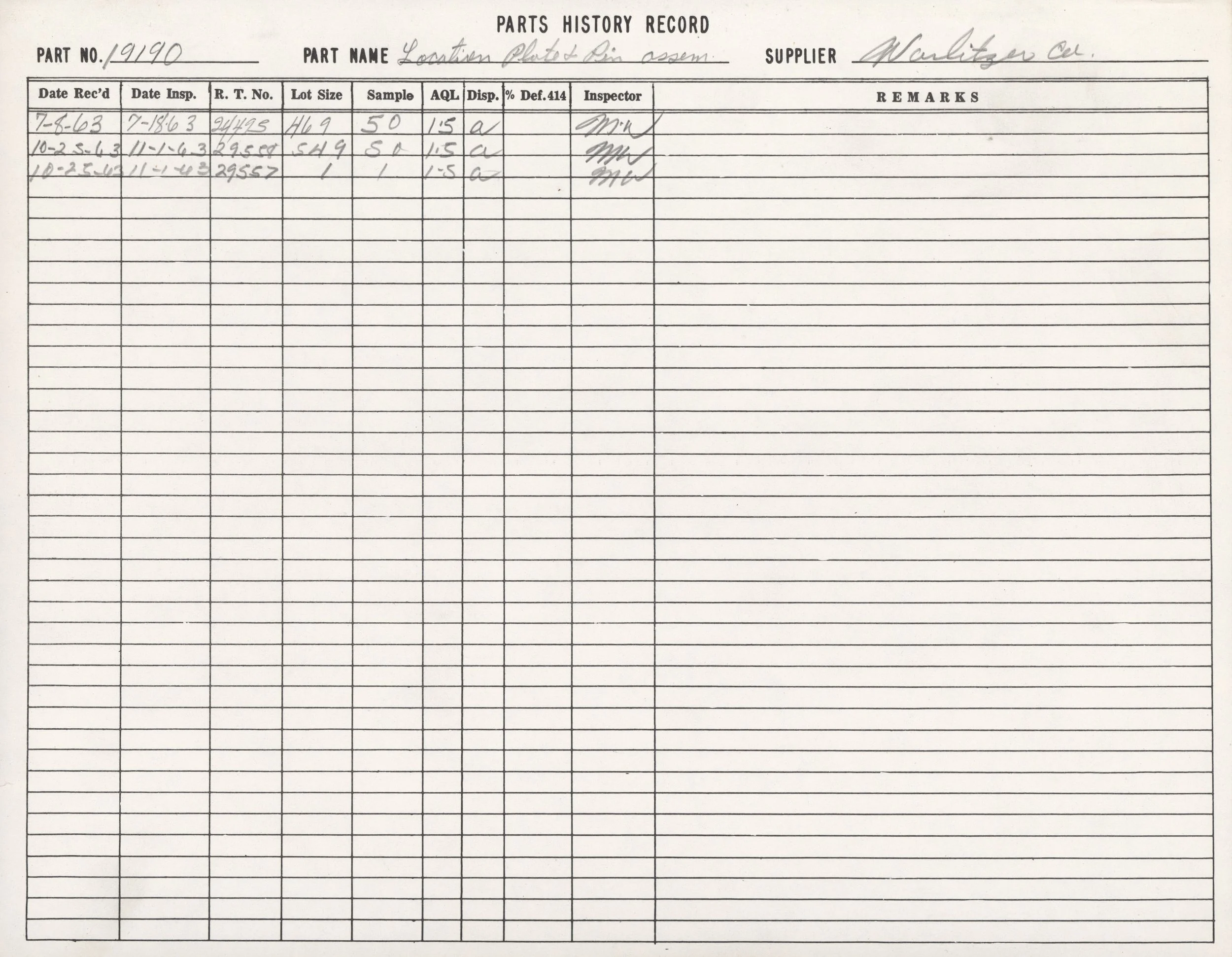 A black and white record sheet titled 'Parts History Record' for a part number 19190, named 'Listings Plate & Pin Assn,' supplied by Wirthzer Co. The sheet contains handwritten entries with dates, inspection numbers, lot sizes, sample sizes, and rema