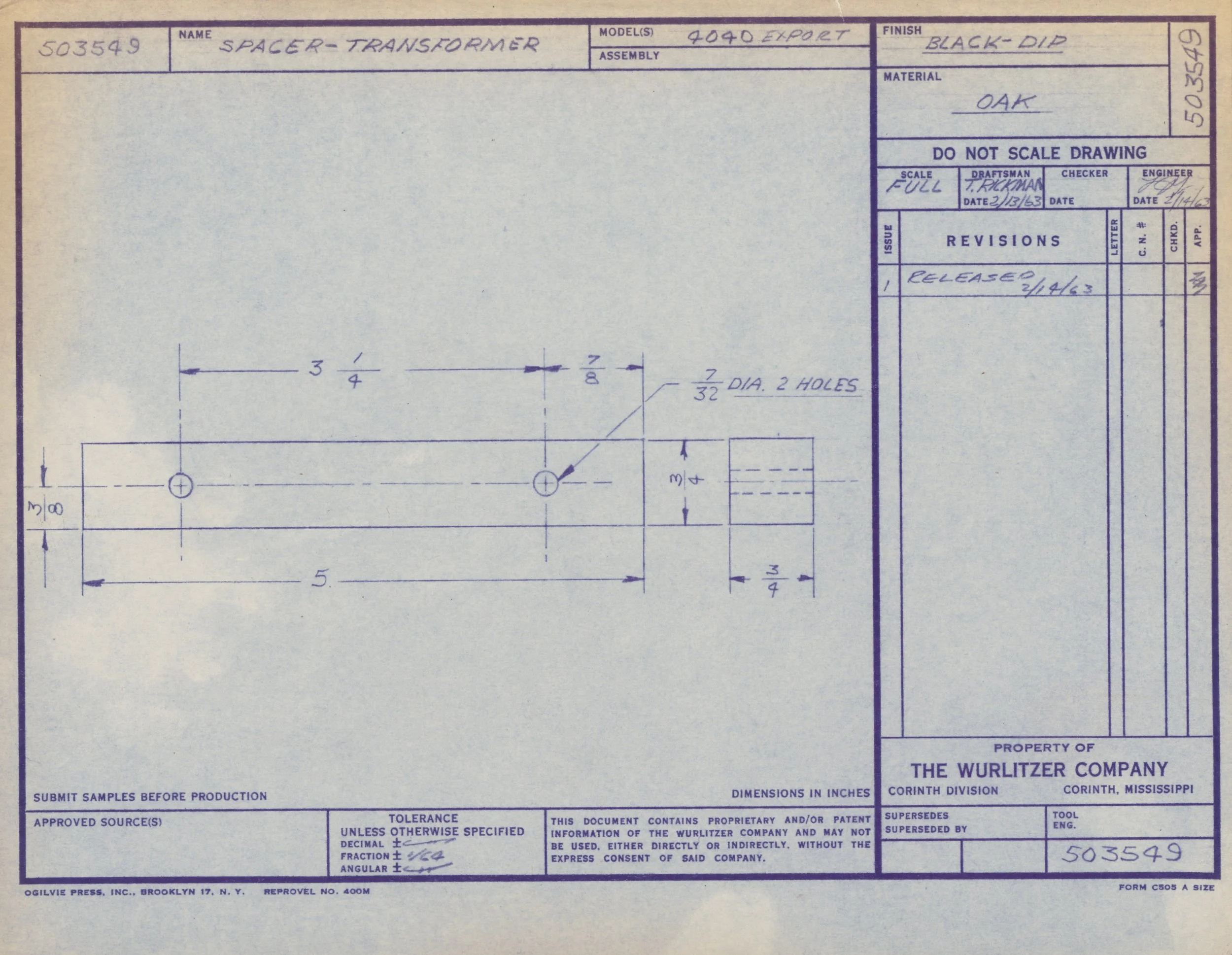 Blueprint drawing of a spacer-transformer with detailed measurements and specifications, including dimensions, material, and revision info.