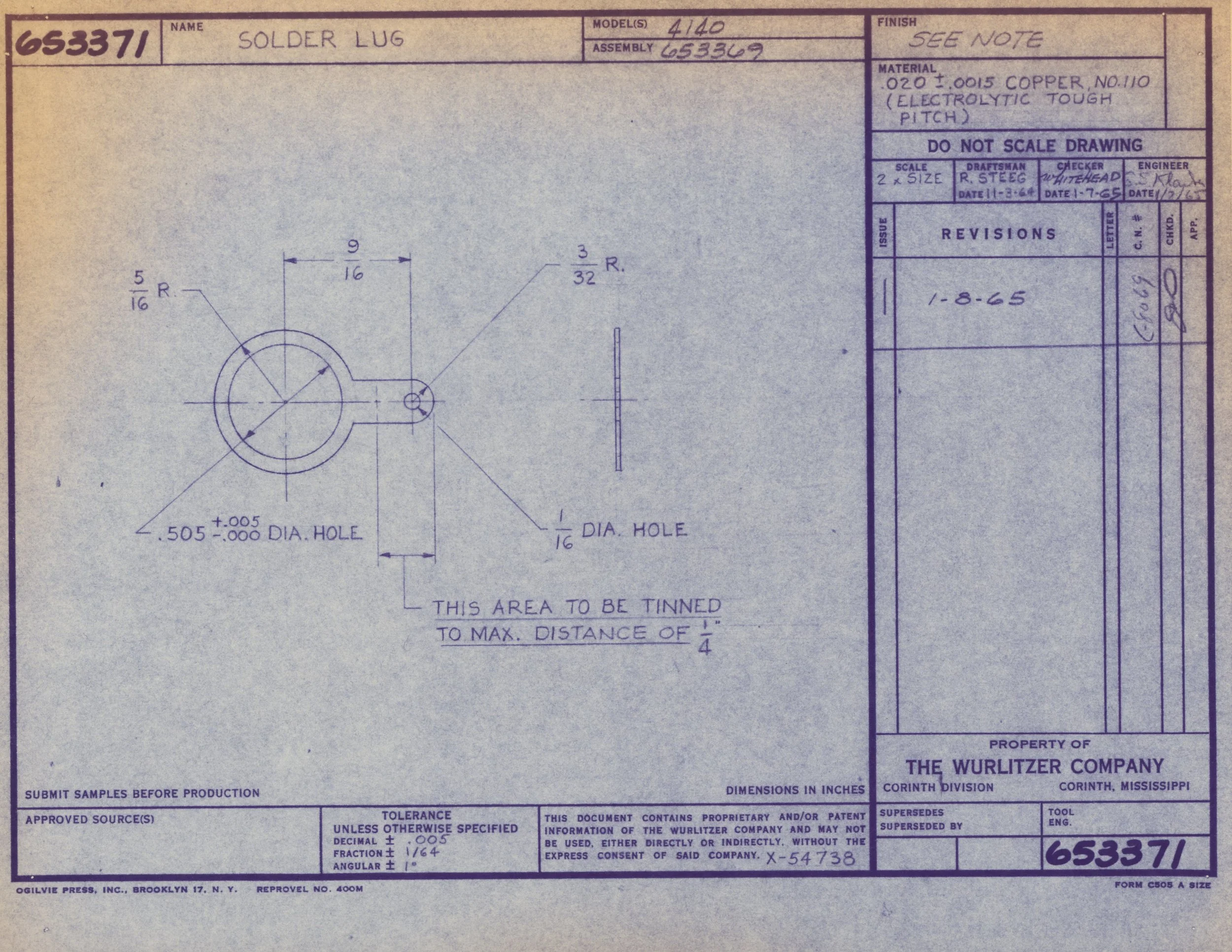 Technical drawing of a solder lug with detailed measurements and notes, including a 0.505-inch diameter hole and specified material, copper with electrolytic tough pitch.