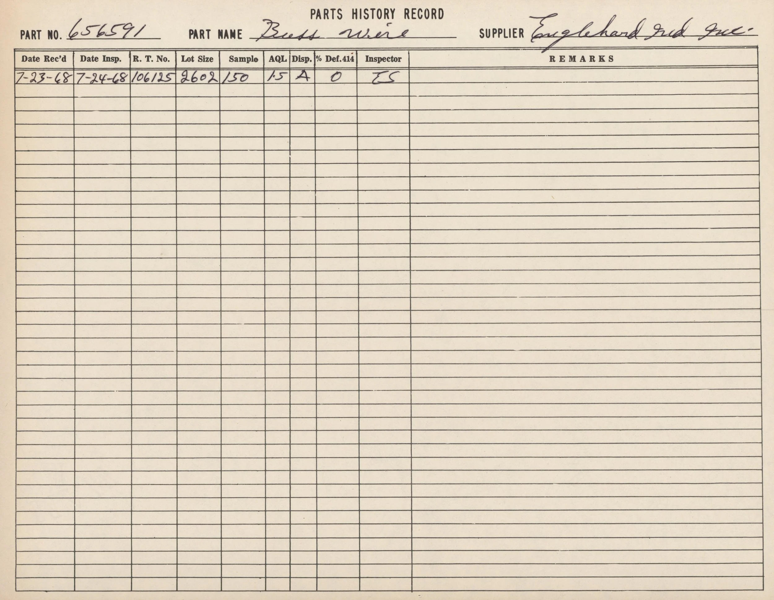 A record sheet titled 'Parts History Record' with handwritten details, including part number 656591, part name 'Beads Wire,' supplier 'Englehard Ind Inc,' and inspection date of July 23, 1968.