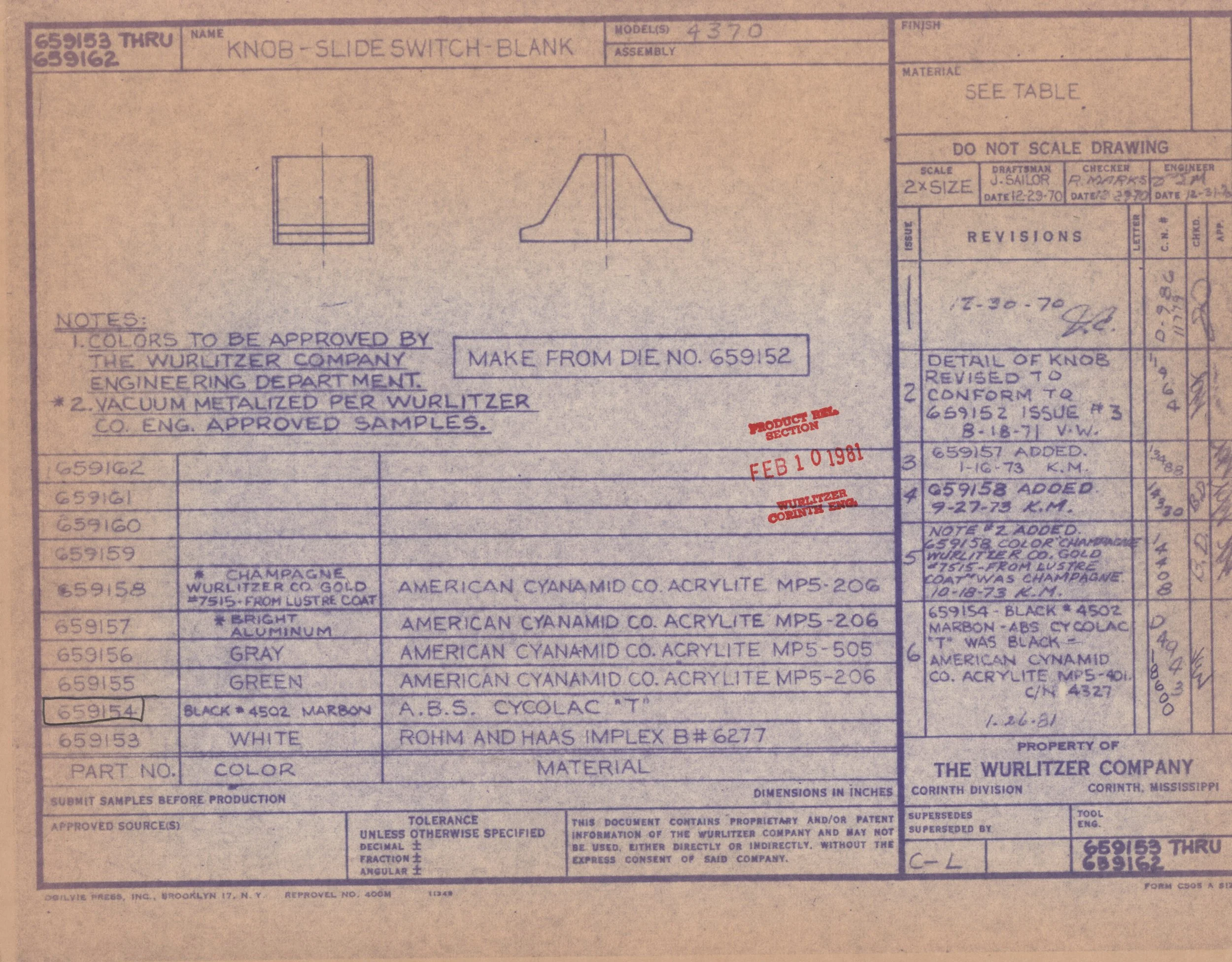 Technical engineering blueprint for a blank slide switch knob, showing detailed drawings, revision notes, approval stamps, and material specifications from Wurlitzer Company.