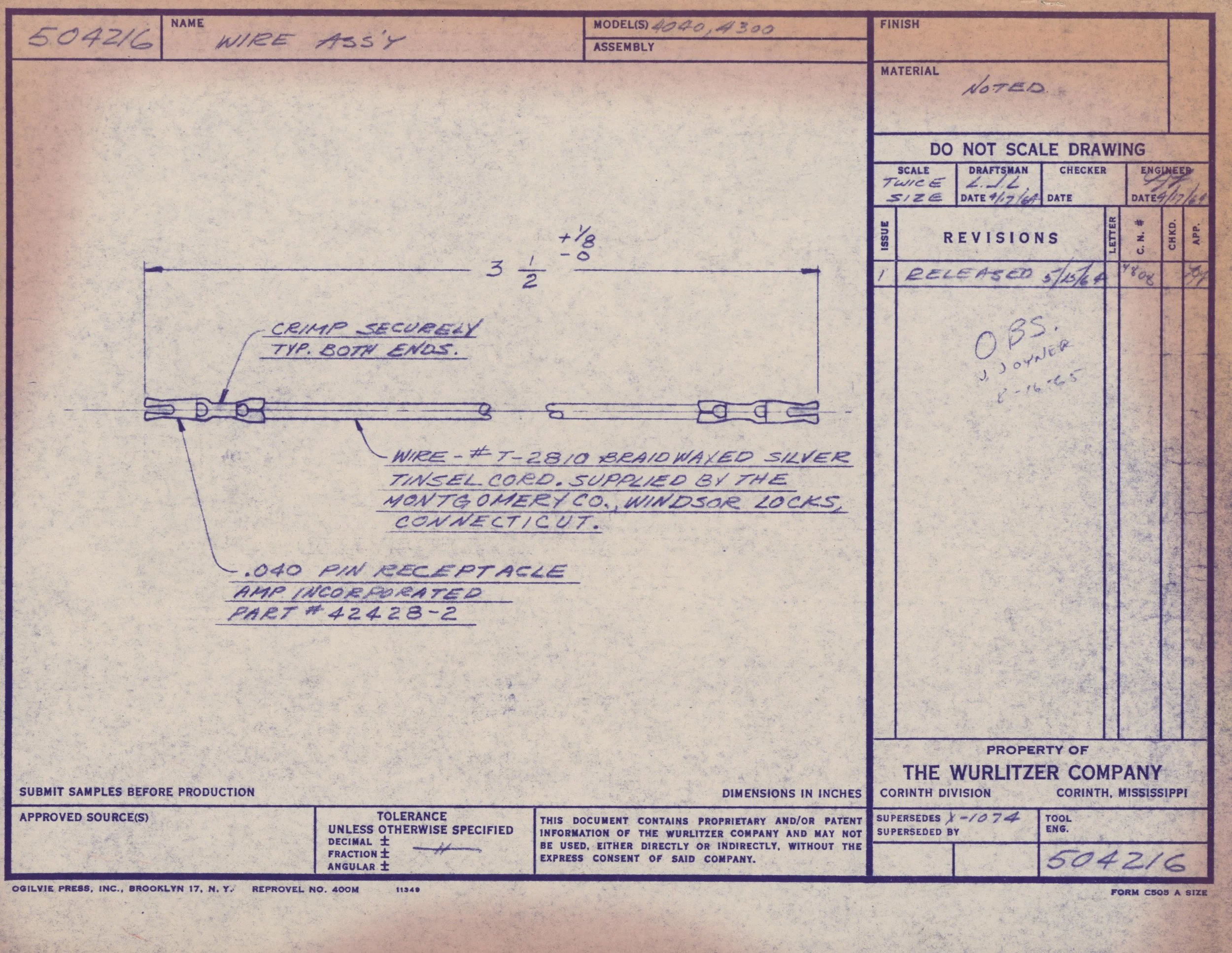 Technical drawing of a wire assembly labeled 'Wire Assy' with various notes about its construction, including wire type, assembly instructions, and revision history.