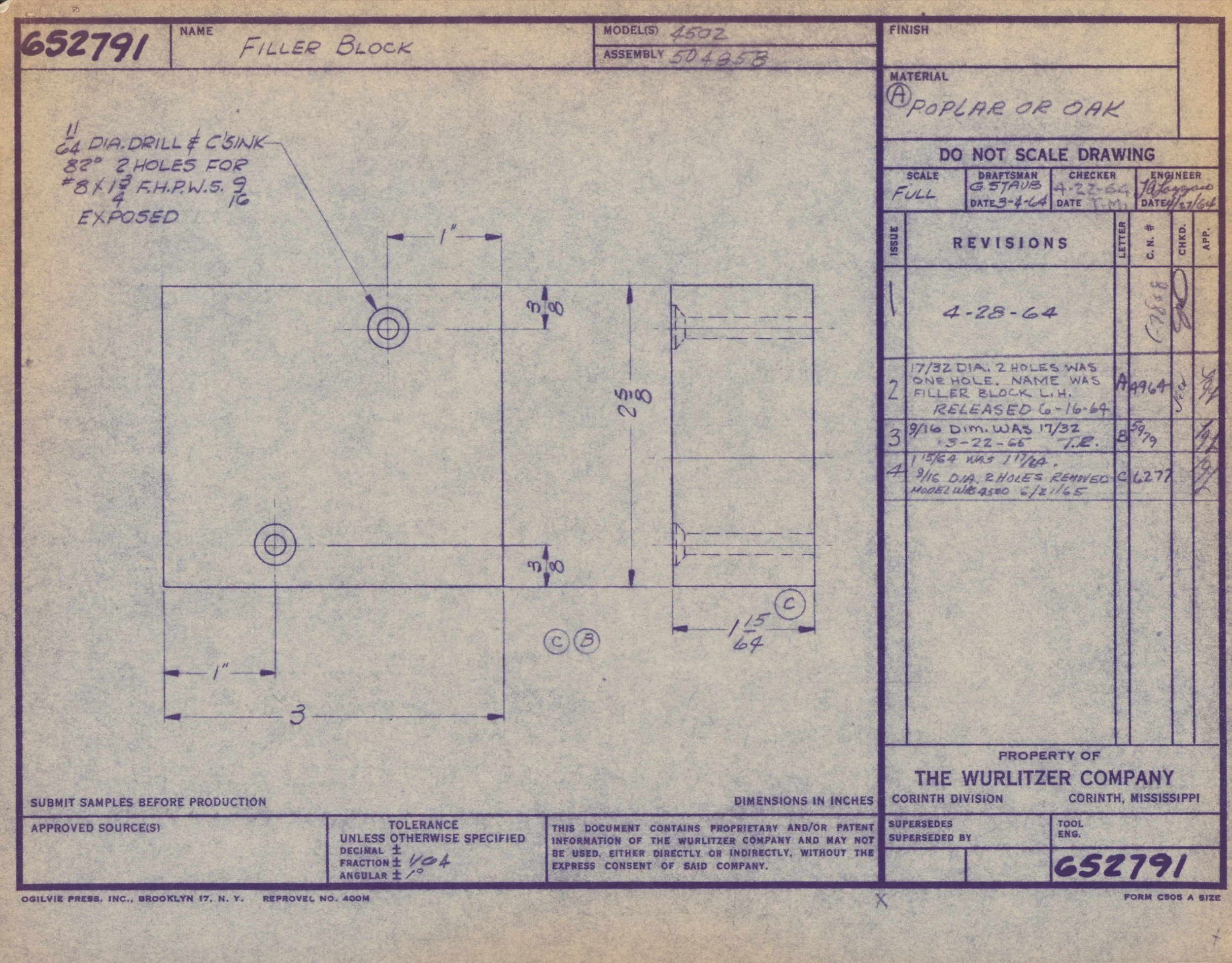 Technical drawing of a filler block with detailed measurements and specifications.