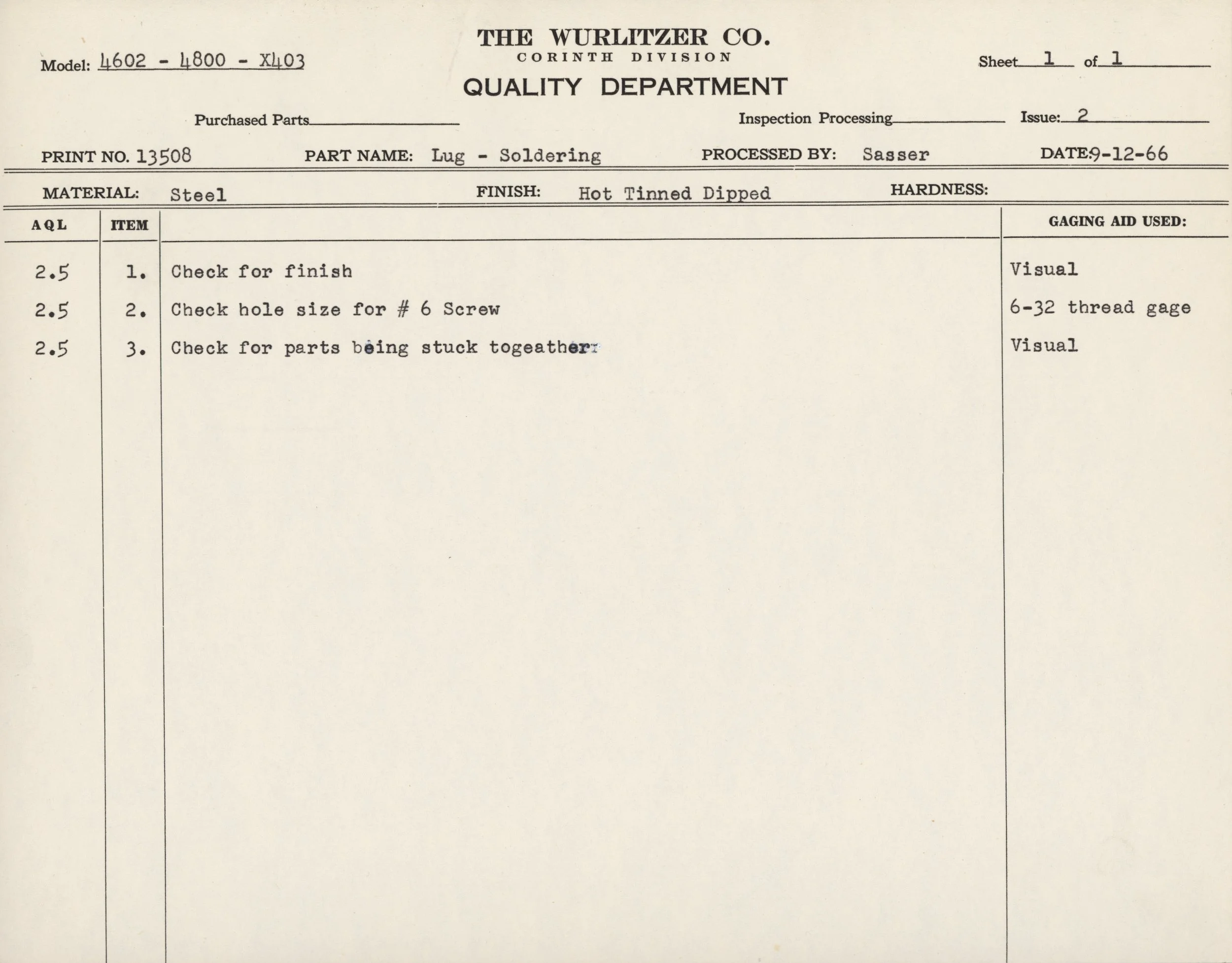A technical document from The Wurlitzer Co. titled 'Lug - Soldering' dated 9-12-66, specifying materials and inspection process details for steel parts, including check for finish, screw hole size, and parts being stuck together.