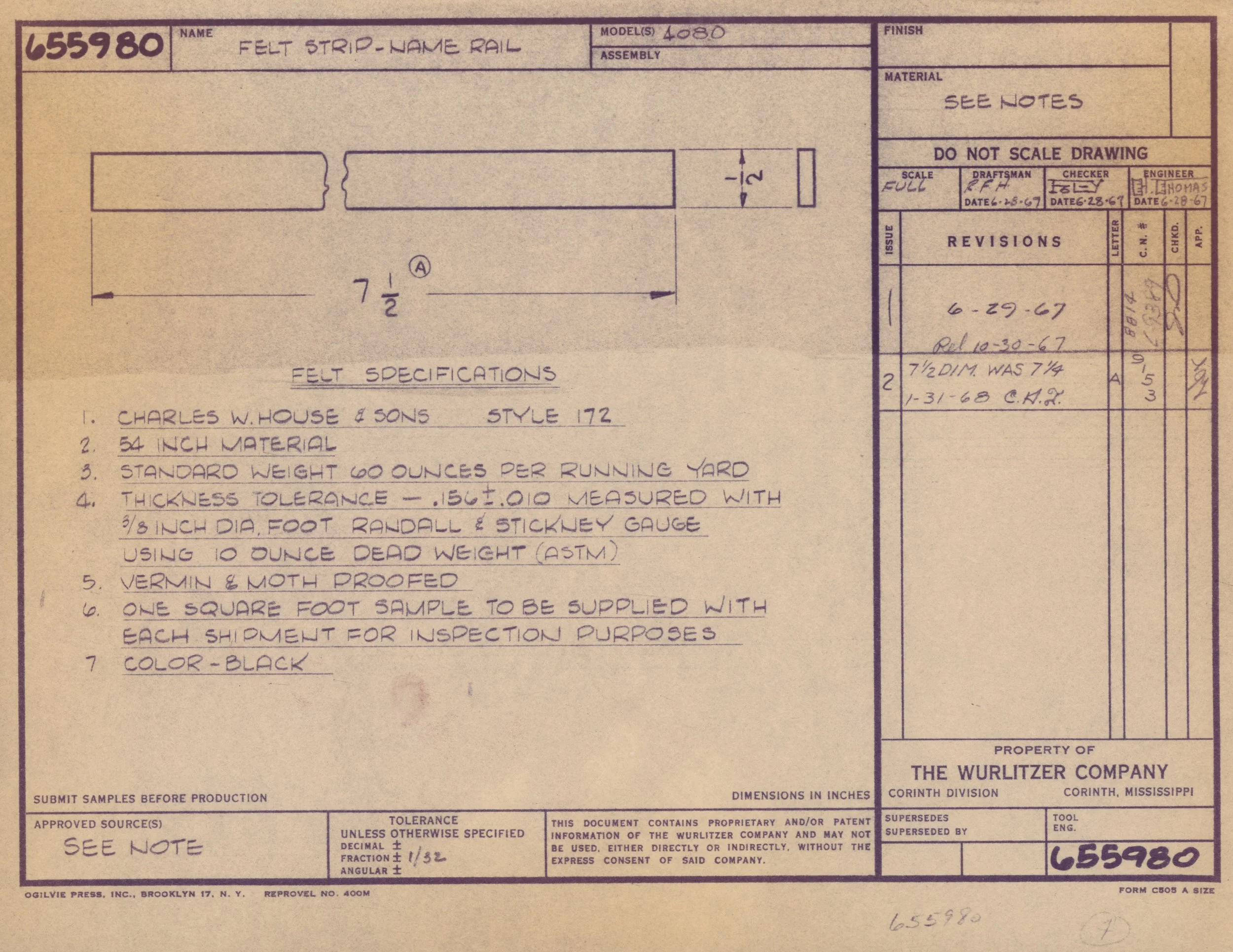 Technical drawing blueprints for a felt strip with specifications, revisions, and approval stamps from the Wurlitzer Company, dated June 28, 1967.