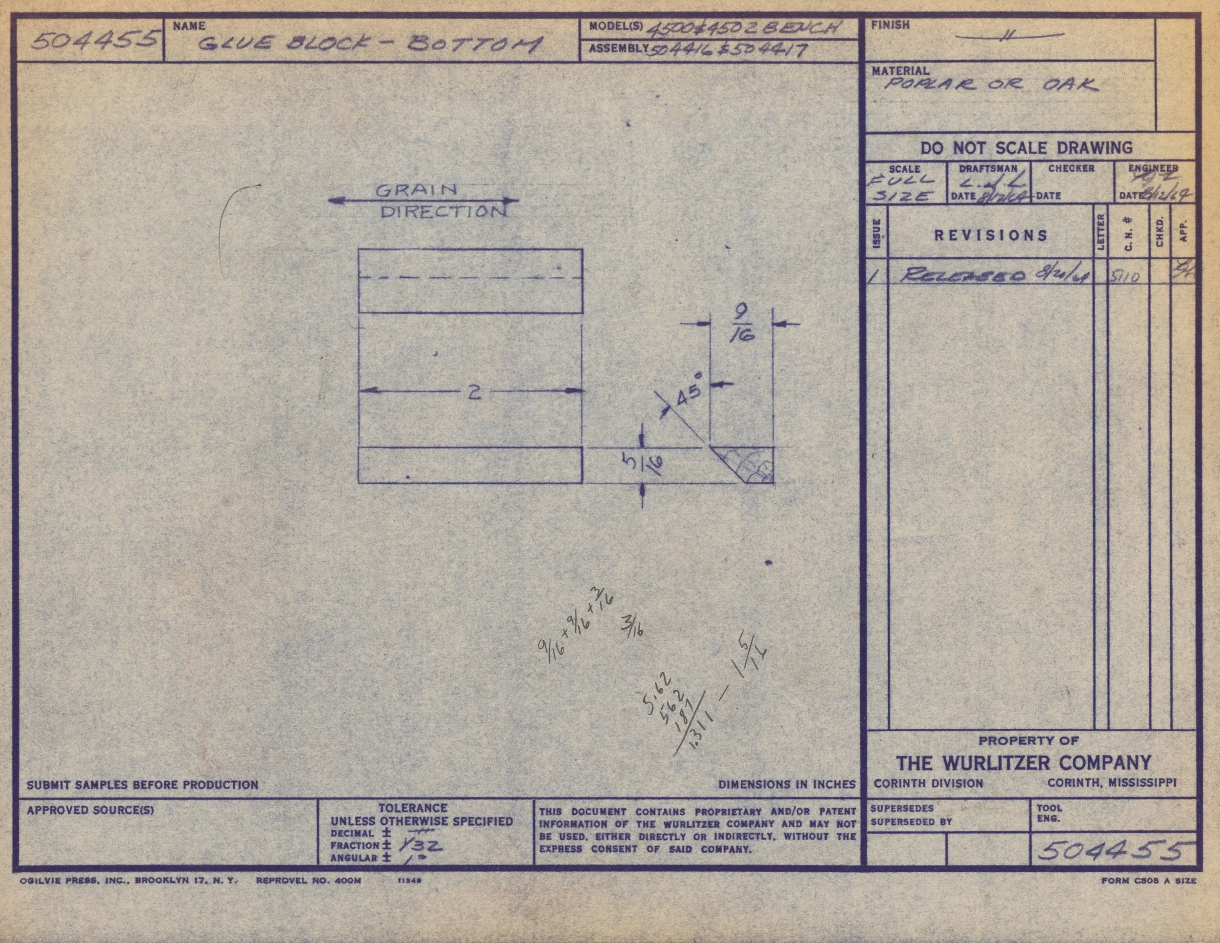 Technical blueprint or engineering drawing for a wooden clock bottom, made from poplar or oak, showing dimensions, grain direction, and assembly details.